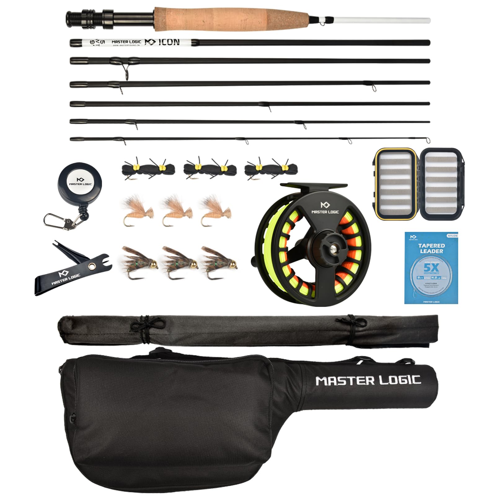 MASTER LOGIC Fly Fishing Rod and Reel Combo Starter Kit, with Lightweight Fly Box Case & Fishing Flies and Die Cast Aluminum Reel, Carrying Case and Accessories