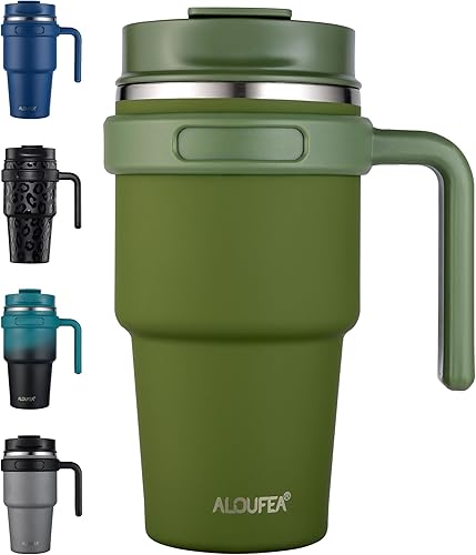 ALOUFEA Taza de café aislada de 20 onzas con asa, vaso de viaje de acero inoxidable con tapa y popote, taza térmica de doble pared al vacío a prueba