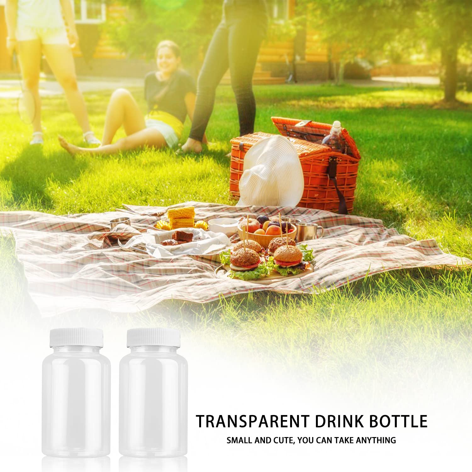 YUE QIN 12 Piezas Botellas de Jugo Reutilizables con Tapas Plástico Transparente Botellas de Pláptico con Pegatina Botella de Leche para Jugo Leche y Bebidas Limonadas (100ml)