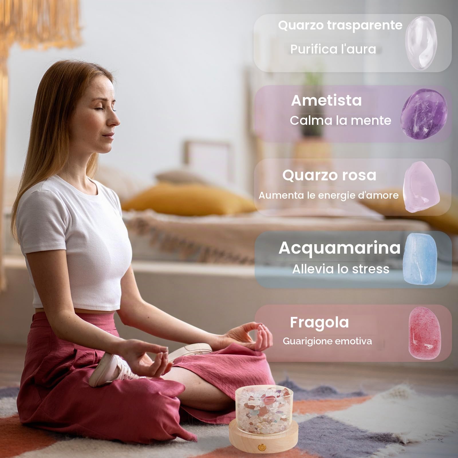 Set Pietre e Cristalli Chakra con Base Legno LED - Pietre Grezza Naturale, Regali Donna per Reiki e Meditazione Guarigione Yoga Riequilibrio Energetico Ufficio