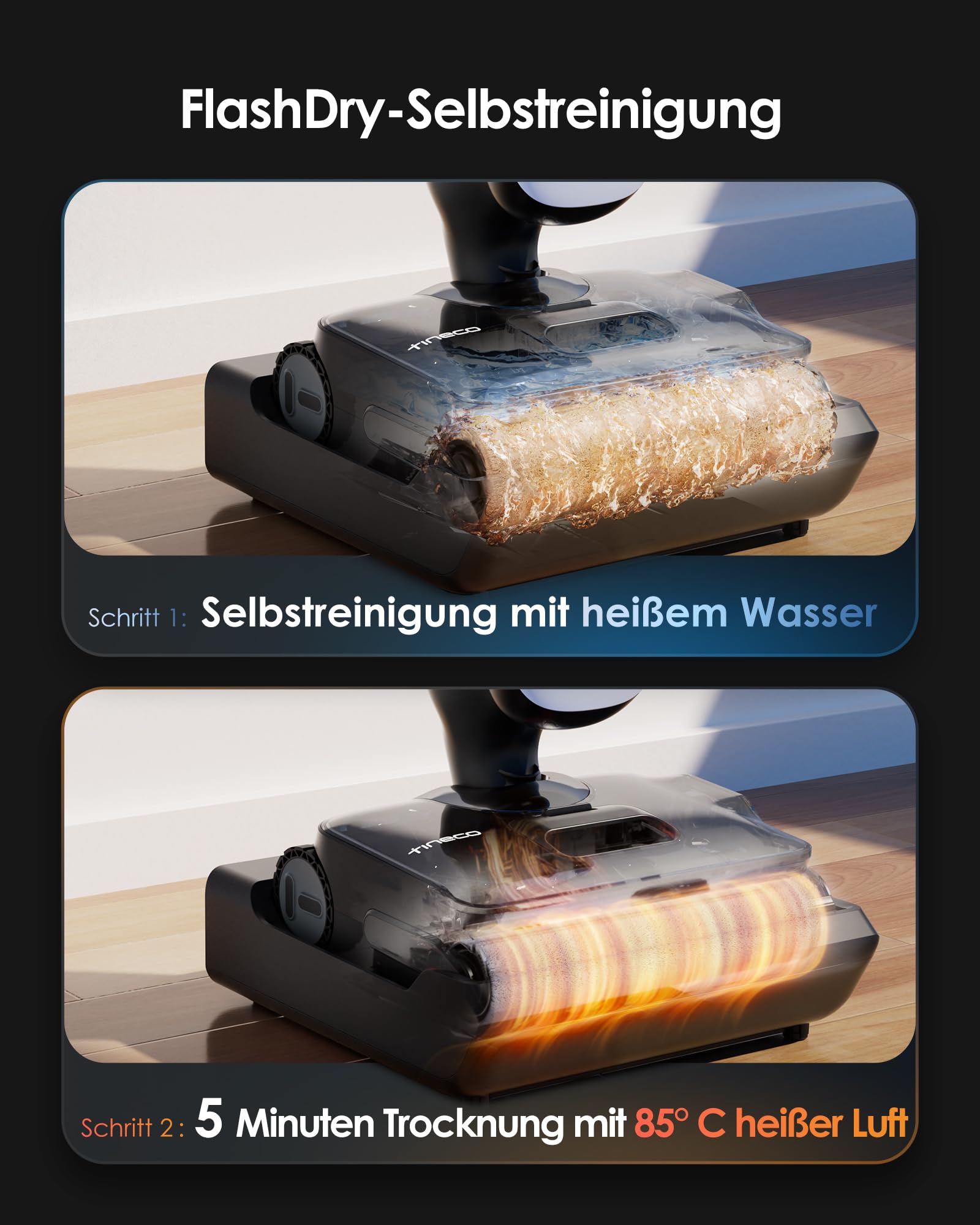 Tineco Floor One S9 Artist Nass Trockensauger, 22000Pa, 360° SmoothDrive, Anti-Tangle, 85°C Flashdry, 50Min Laufzeit