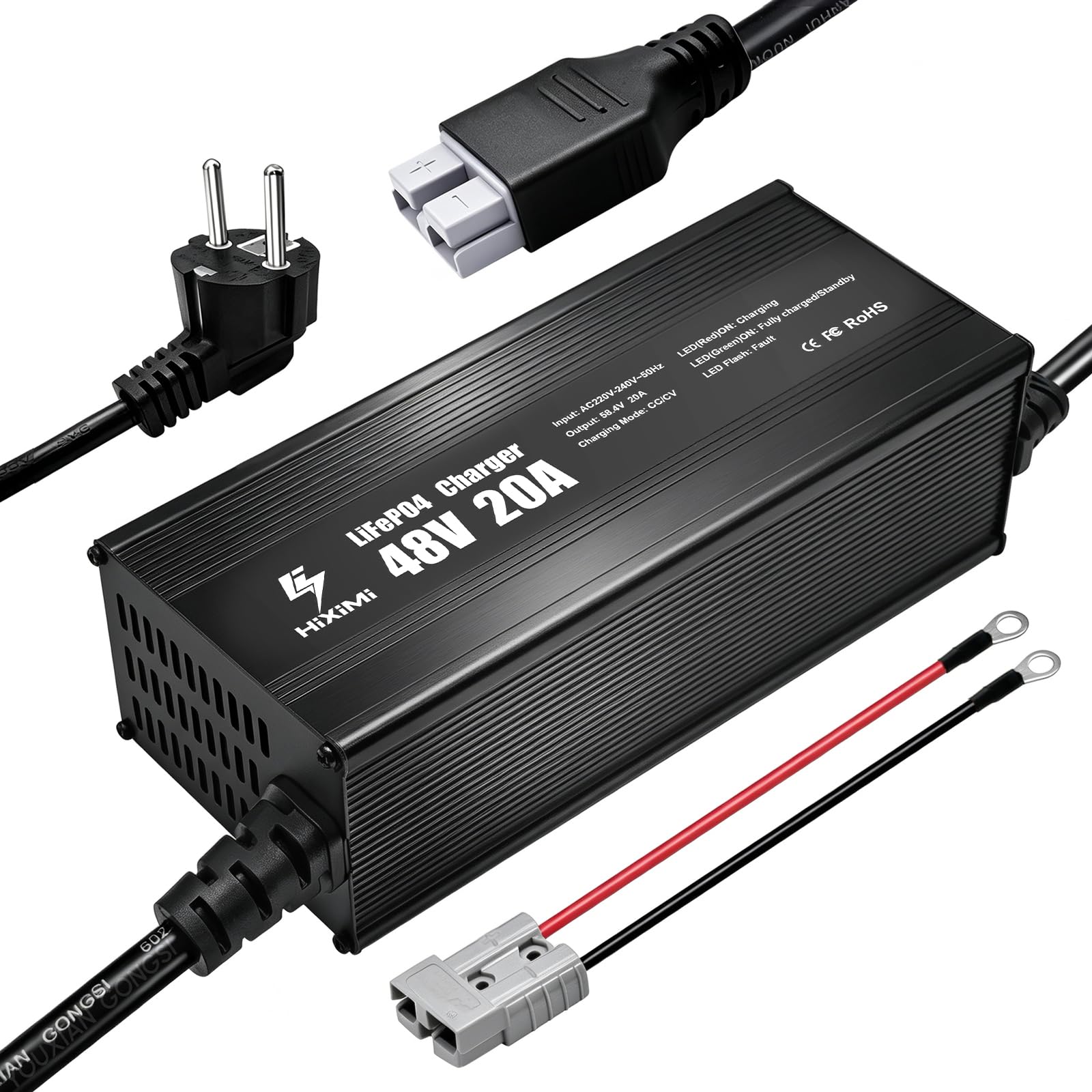 Caricatore LiFePO4 da 48 V, 20 A, 58,4 V, litio-ferro-fosfato, alloggiamento in alluminio con spina Anderson da 50 A, caricabatterie di mantenimento con funzioni di sicurezza complete
