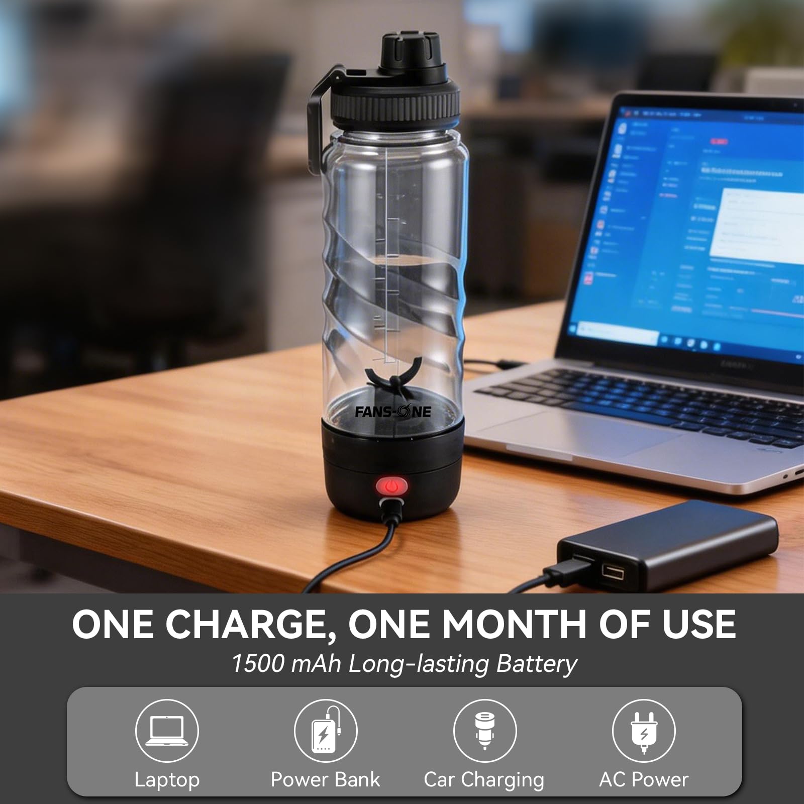 FANS-ONE Elektrische Protein-Shaker-Flasche, 680 ml, wiederaufladbarer elektrischer Mixer, Shaker-Becher für Protein-Shakes und Mahlzeitenersatz, tragbarer Mixer, selbstmischender Becher für