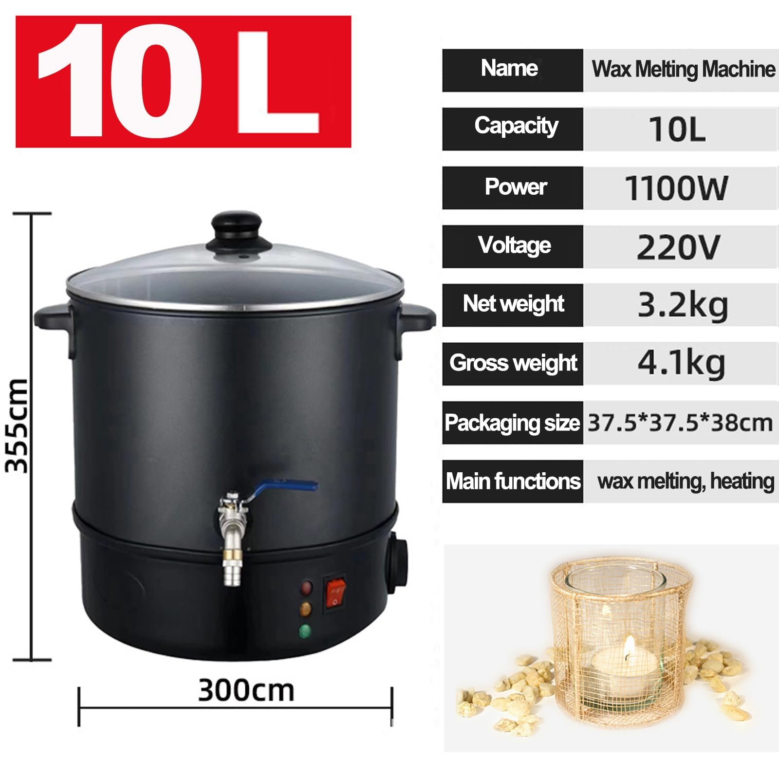 Kit de fusión de cera de vela de 1100 W, 5-20 L, máquina de fusión de cera con control de temperatura de 50 a 100 °C, olla antiadherente, cuchara de acero inoxidable, 100 mechas y tazas de cera para