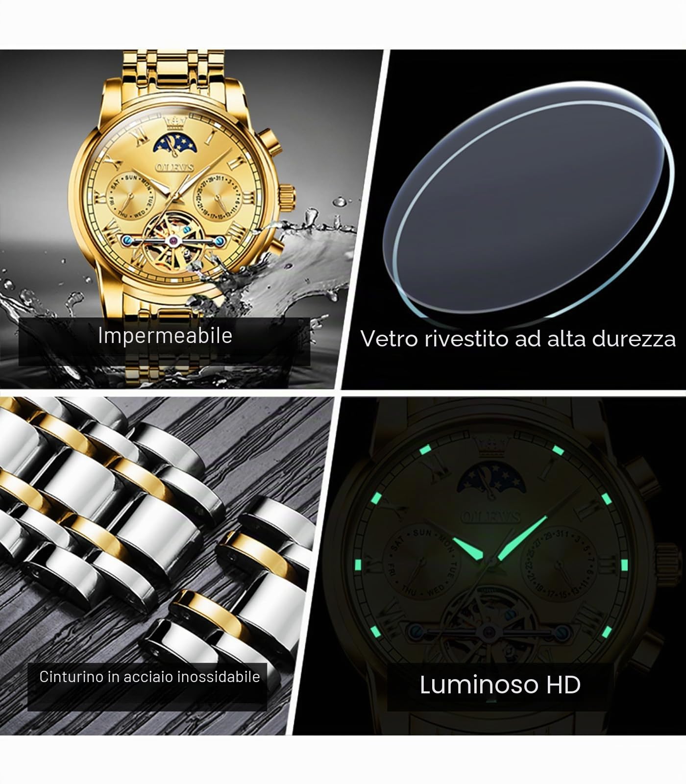 OLEVS Watches Men Automatic,Self Winding Skeleton for Men Tourbillon No Battery,Luxury Stainless Steel Watch with Date Mechanical Men's Waterproof Two Tone Gifts