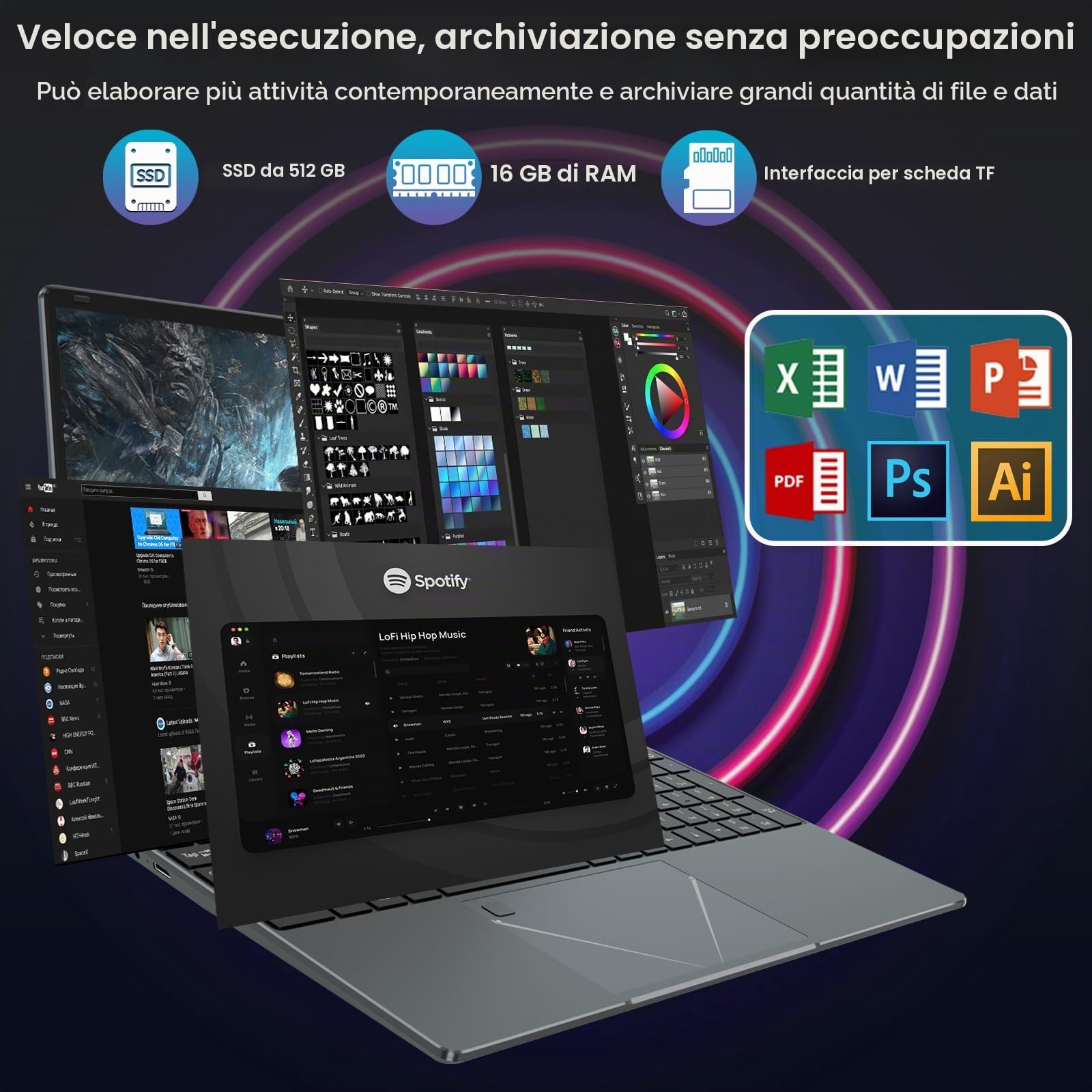 PINSTONE Computer portatile da 15,6 pollici, PC portatile 16 GB LPDDR4 RAM 512 GB SSD, processore Celeron N5095 quad-core riconoscimento impronte digitali, HDMI, Bluetooth 4.2, WiFi 5, USB 3.0