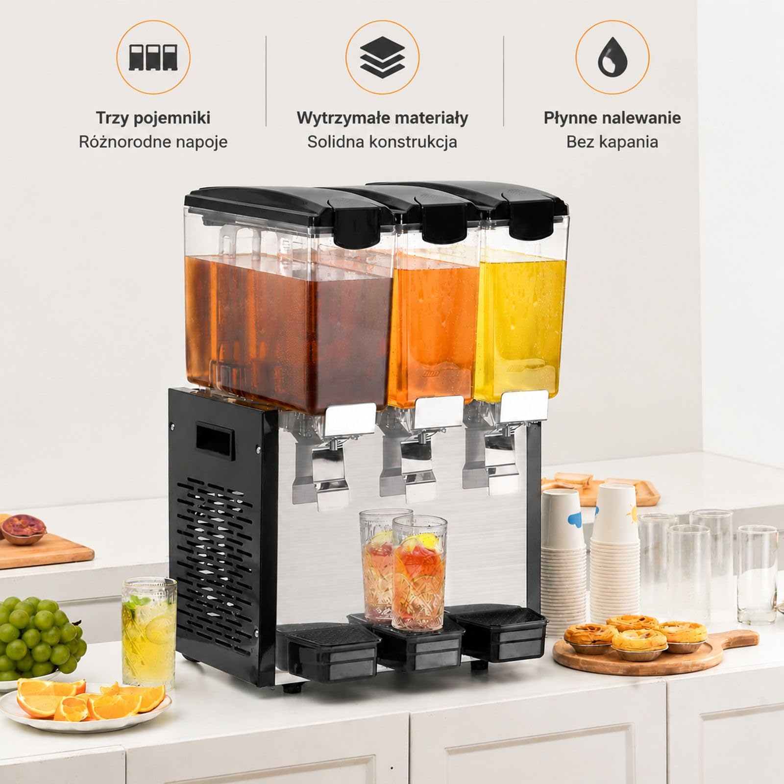 Komercyjny dozownik napojów z 3 zbiornikami, 3 x 10 l, stal nierdzewna, 440 W, do soków, lemoniady, herbaty mrożonej, restauracji, baru, bufetu, cateringu