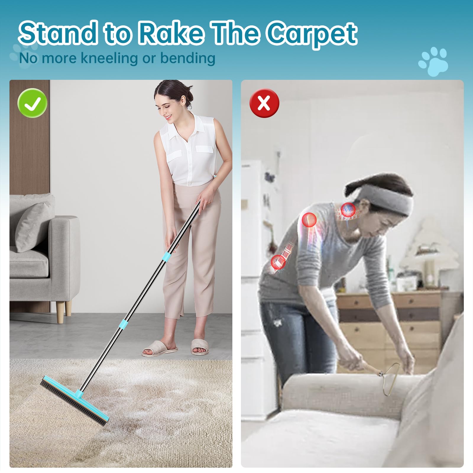 Carpet Rake - 60" Long Handle Pet Hair Removal with Metal Fabric Edge Design,Carpet Broom,Carpet Rake for Carpets, Rugs,Mats,Couch,Stairs(3 pcs) - image 6