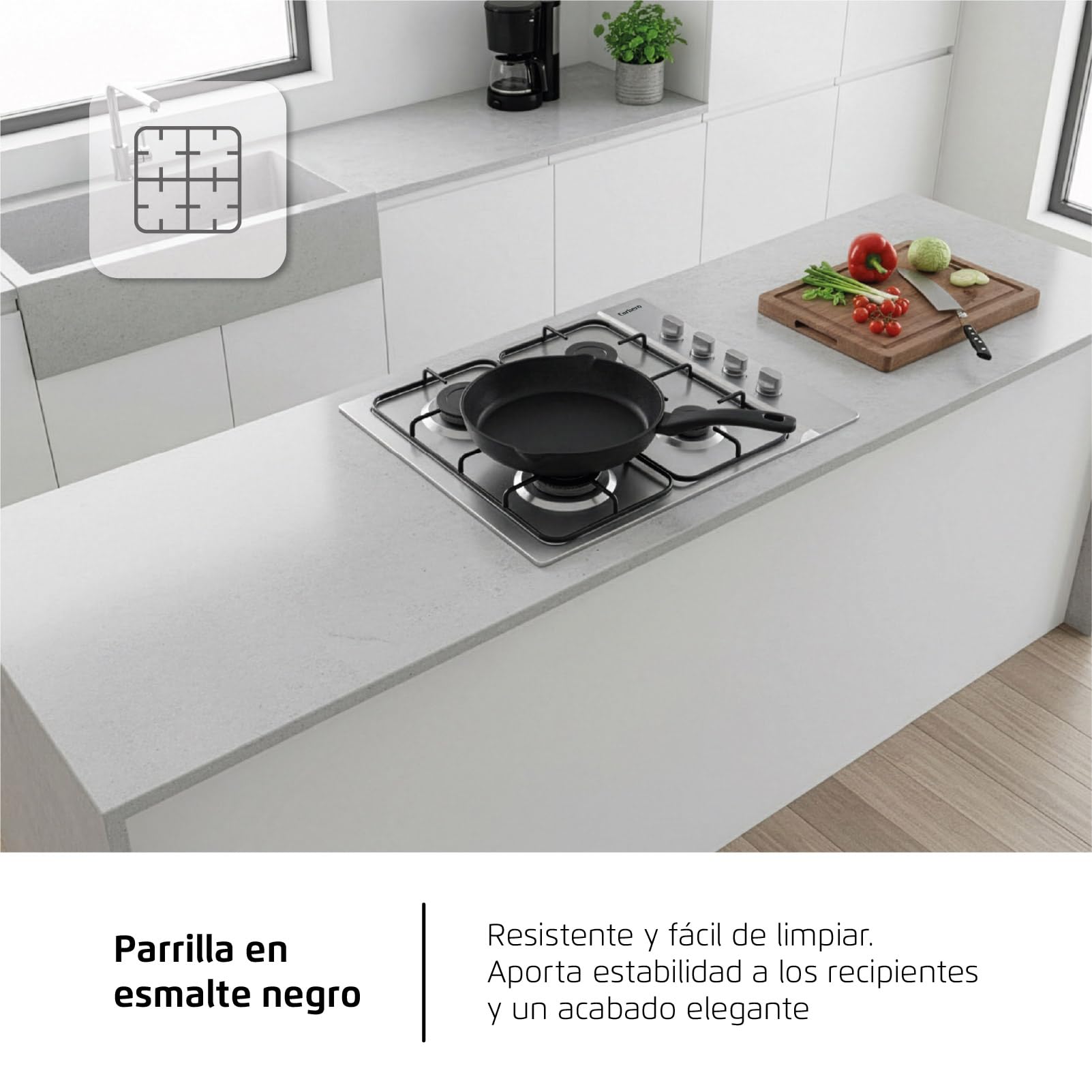 Corberó - Plaque de gaz 7,5 KwCPGS423X | 4 feux | gaz butane | Couleur inoxydable | Grille émaillée noire | Valve de sécurité coupure de gaz | Arrêt automatique de sécurité, inox, acier inoxydable