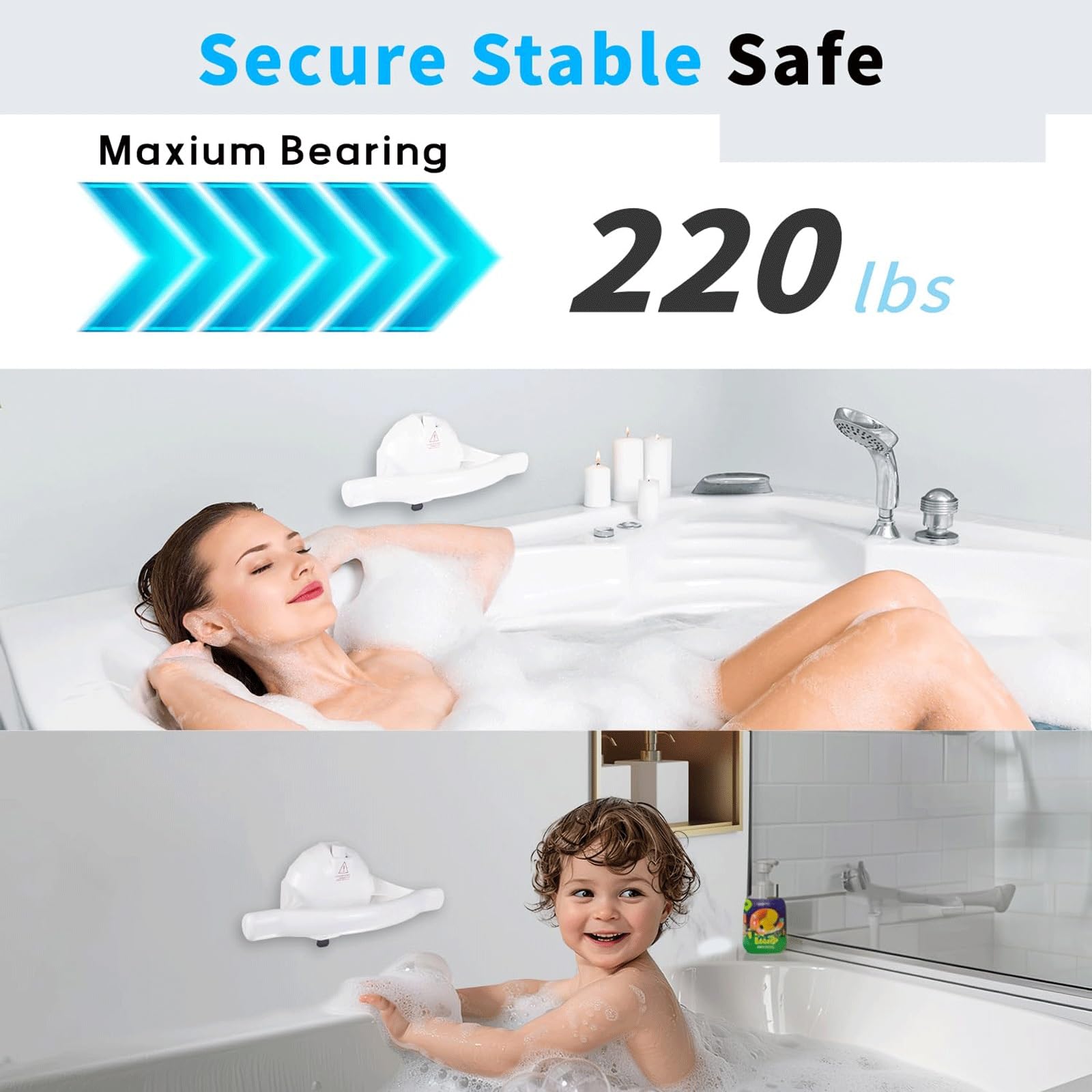 Barras de agarre para bañeras y duchas, ventosa grande de 5.5 pulgadas con línea de alerta de seguridad, agarre de seguridad extraíble sin taladrar, barras de seguridad de ducha para personas mayores