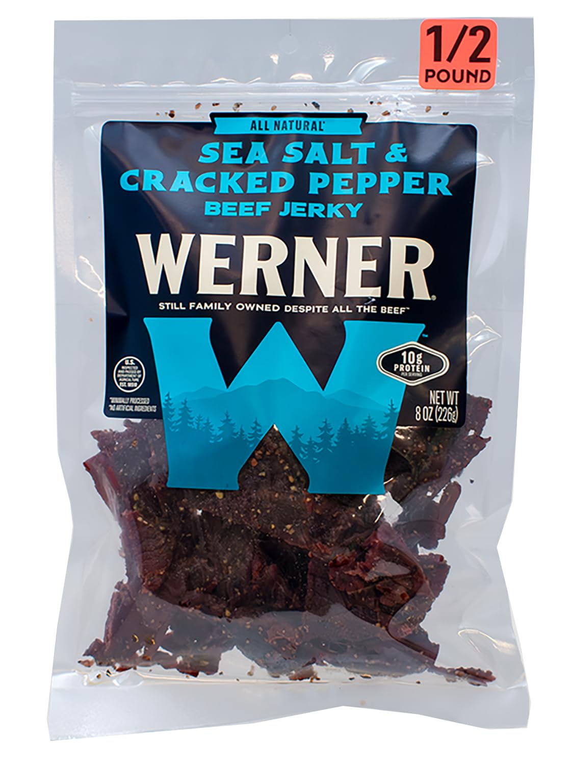 Werner Beef Jerky All Natural Meat Snack Half Pounder – High Protein Snack, Gluten-Free, No Artificial Ingredients, No Added MSG (8 Ounce) (Sea Salt and Cracked Pepper)