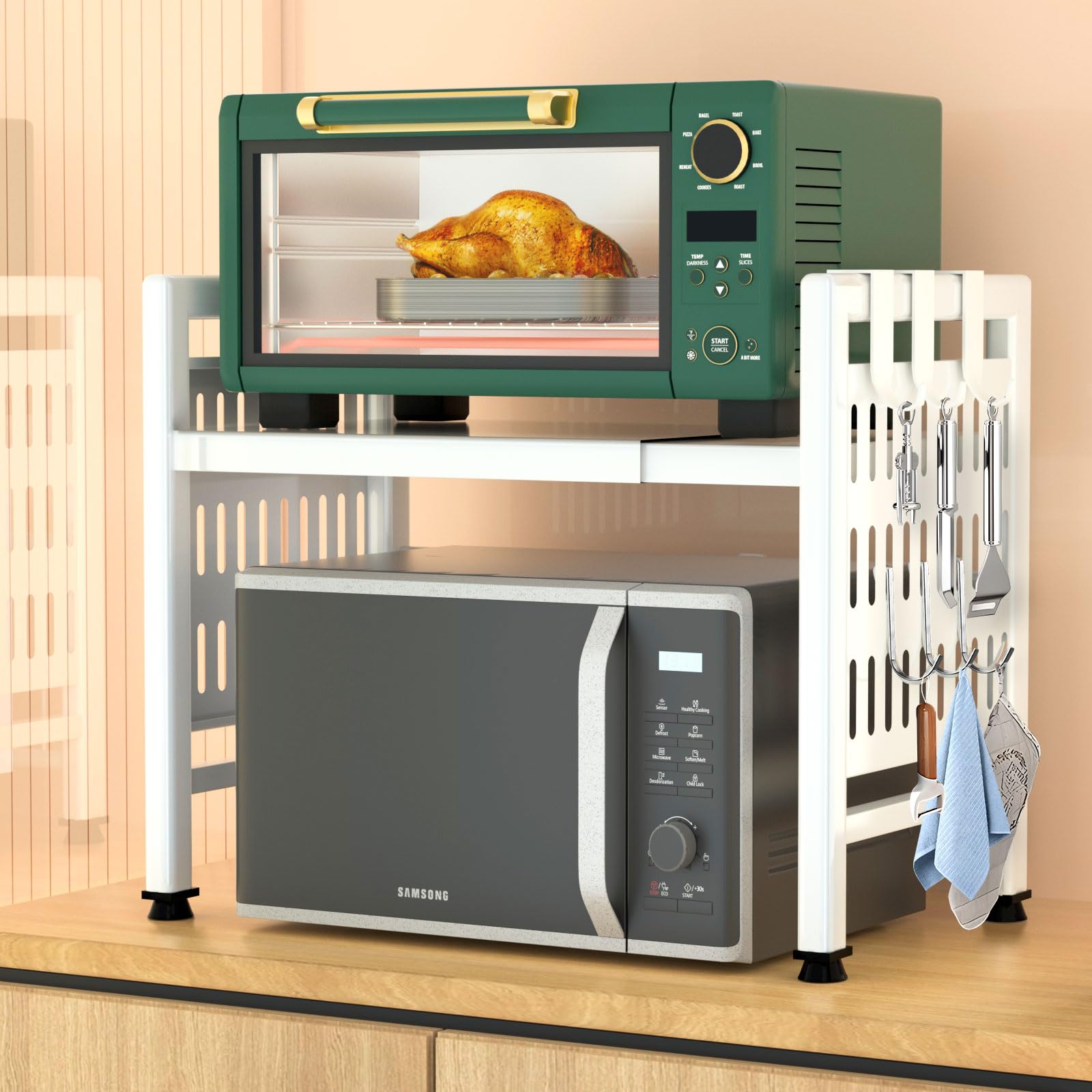 ZLPBAO Estantería para microondas de 2 niveles, color blanco, alta estabilidad, ya que antideslizante y pies de goma - Altura y longitud ajustable para microondas 40-64 cm, estantería de cocina con 6