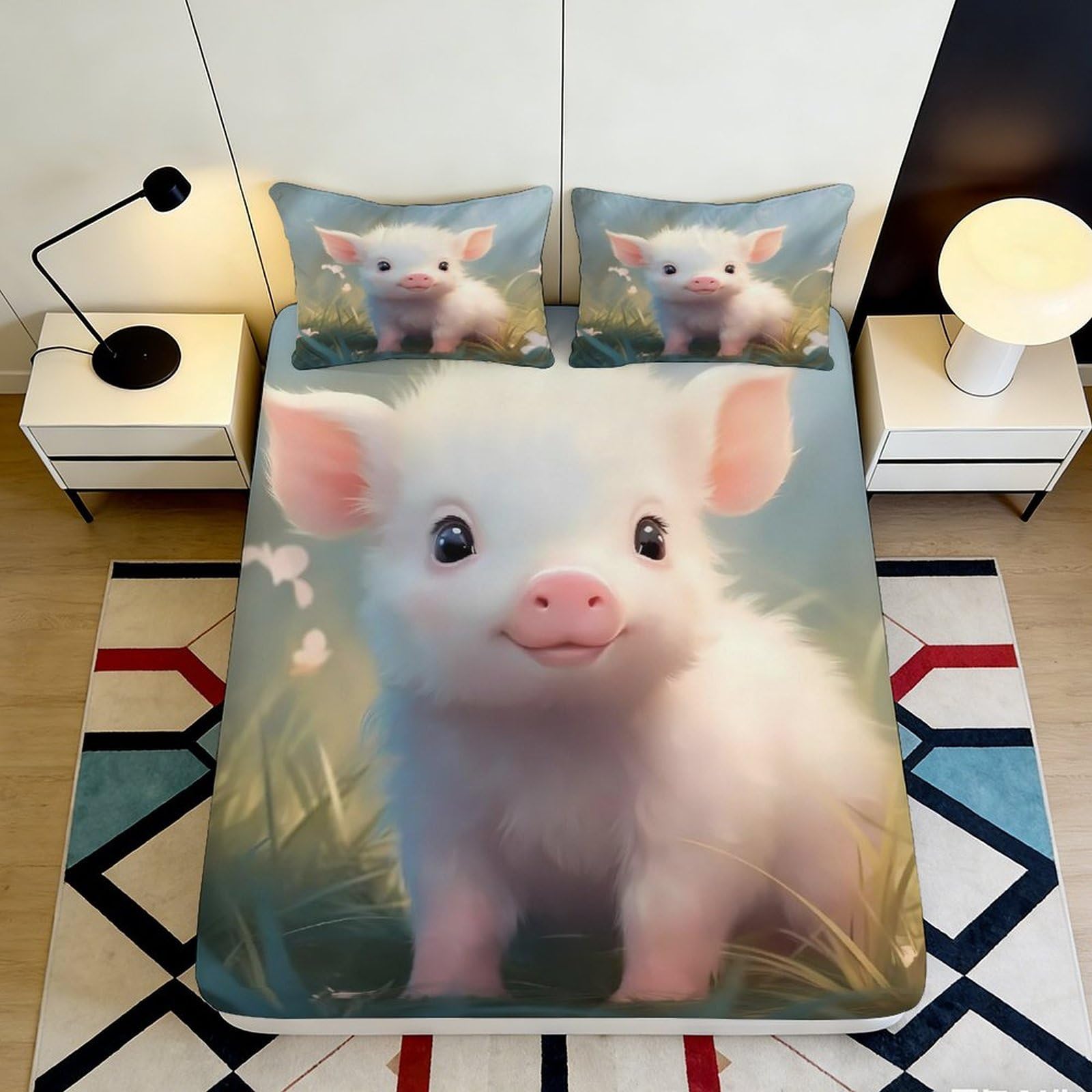 3D Printed Cute Piglet Fitted Sheet Microfiber Soft Breathable 3D Animal Mattress Cover for Bedroom Dormitory Guest Room Mattress Protection Decor 140x200x25cm