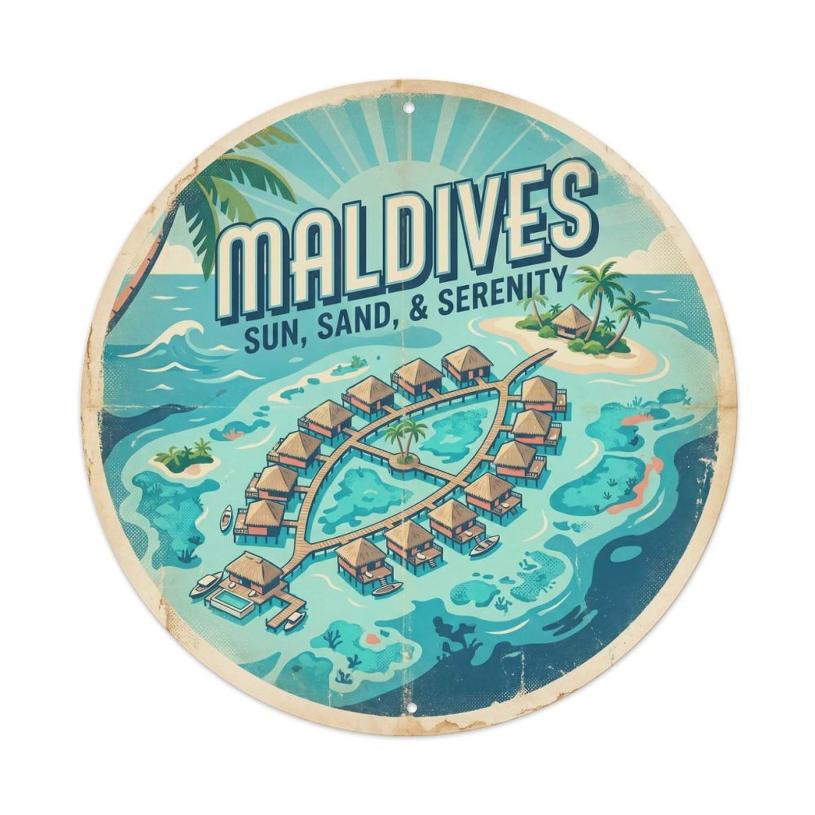 Maldives Indian Ocean Retreat Geometric Tropical Lagoon Metal Tin Sign
