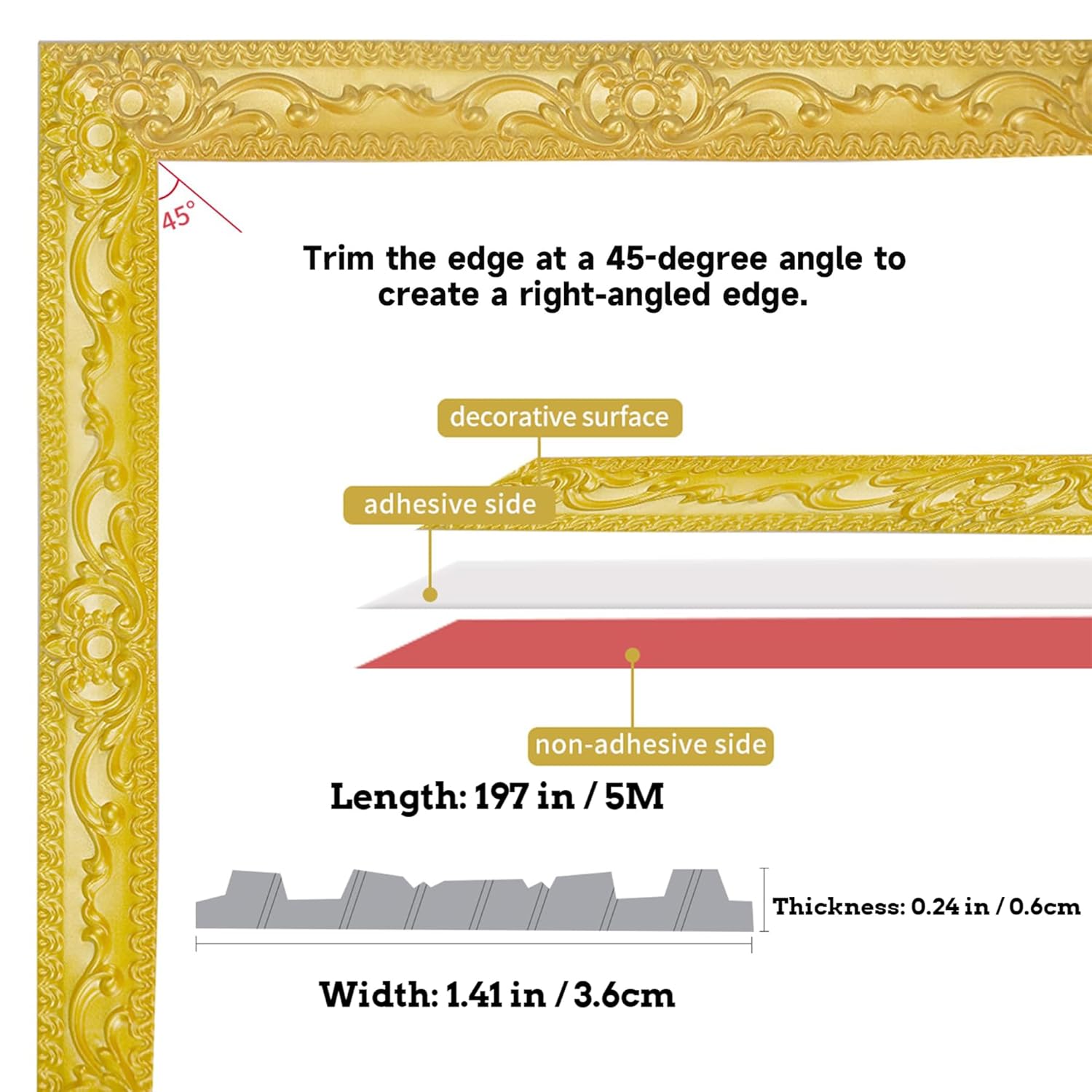 Flexible Molding Trim Wall Trim, 16.4 Feet Self Adhesive Peel and Stick Molding Ceiling Molding, Cabinet Border, Mirror Frame Trim Wall Trim for Home Decor Wall Molding & Trim (Gold)