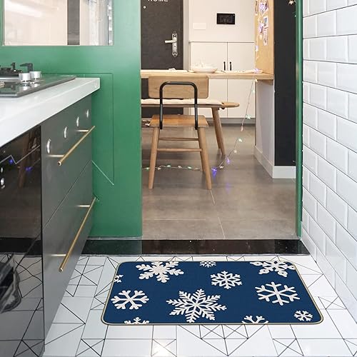 Miniatura 4 de Tapete de puerta de Navidad con copos de nieve para la entrada del hogar, casa de campo rústica, color azul marino, copos de nieve de invierno,