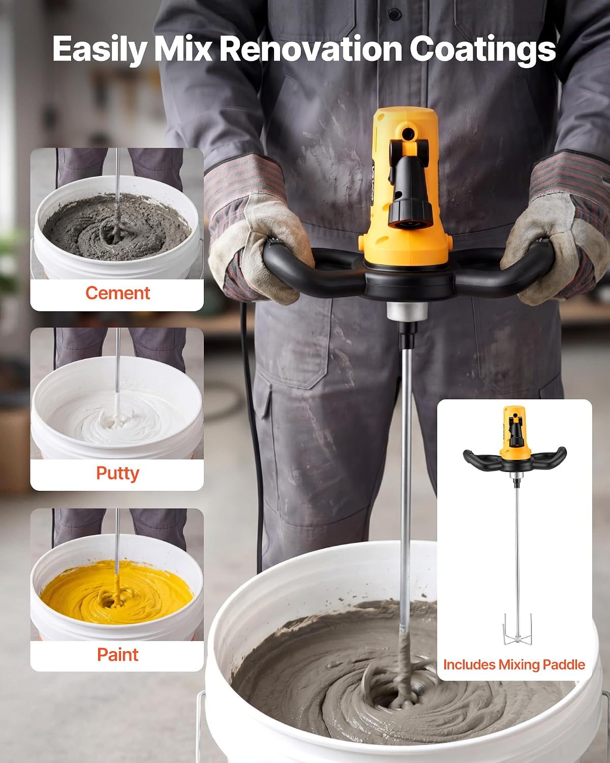 VEVOR Electric Power Trowel, 800W Concrete Finishing Machine Corded with Mixing Rod, 6-Speed Adjustable 120–200 RPM, Steel & Plastic Trowel Discs, Extension Handle, Floor Smoothing Cement Finisher