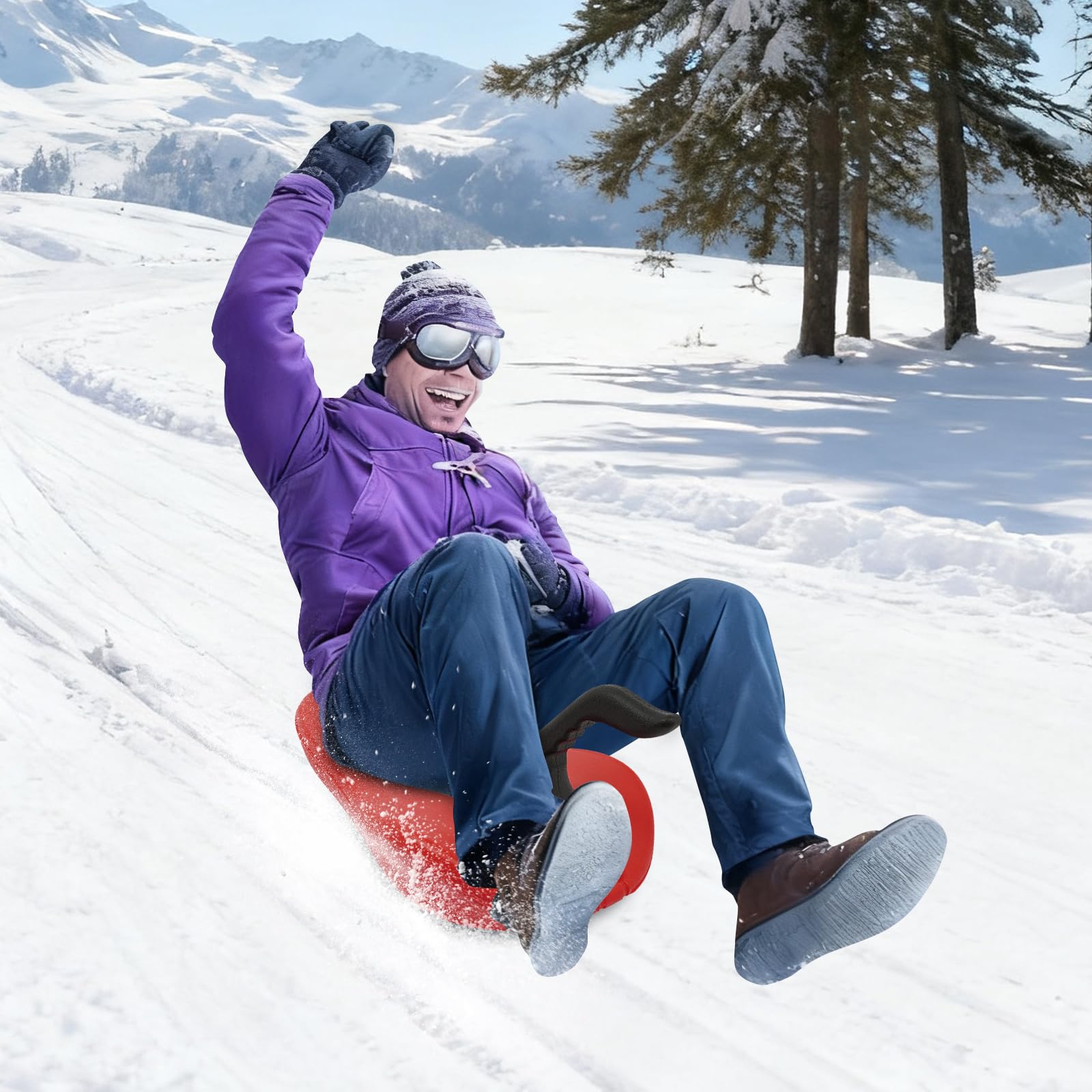 Luge pour enfants et adultes avec corde de direction et poignée, robuste et résistante au gel, rouge pour l'hiver, l'extérieur, capacité de charge jusqu'à 100 kg, pour sable, herbe, neige