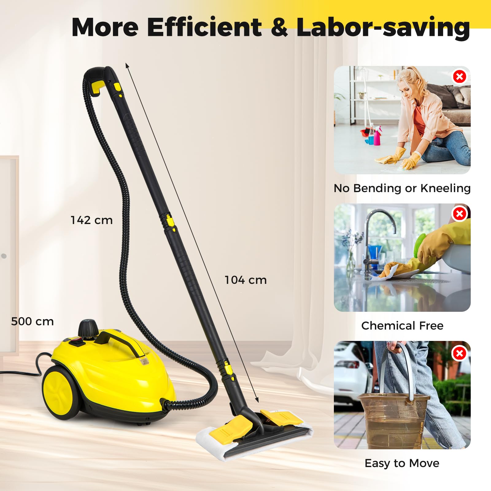SOARS Potente Pulitore a Vapore 2000W, 14 Accessori, Pressione Massima 5 Bar, Temperatura 160℃, Riscaldamento Rapido 8 Minuti, Serbatoio 1,8L, per Pavimenti, Divani, Cucina, Superficie 108 m² (Giallo)