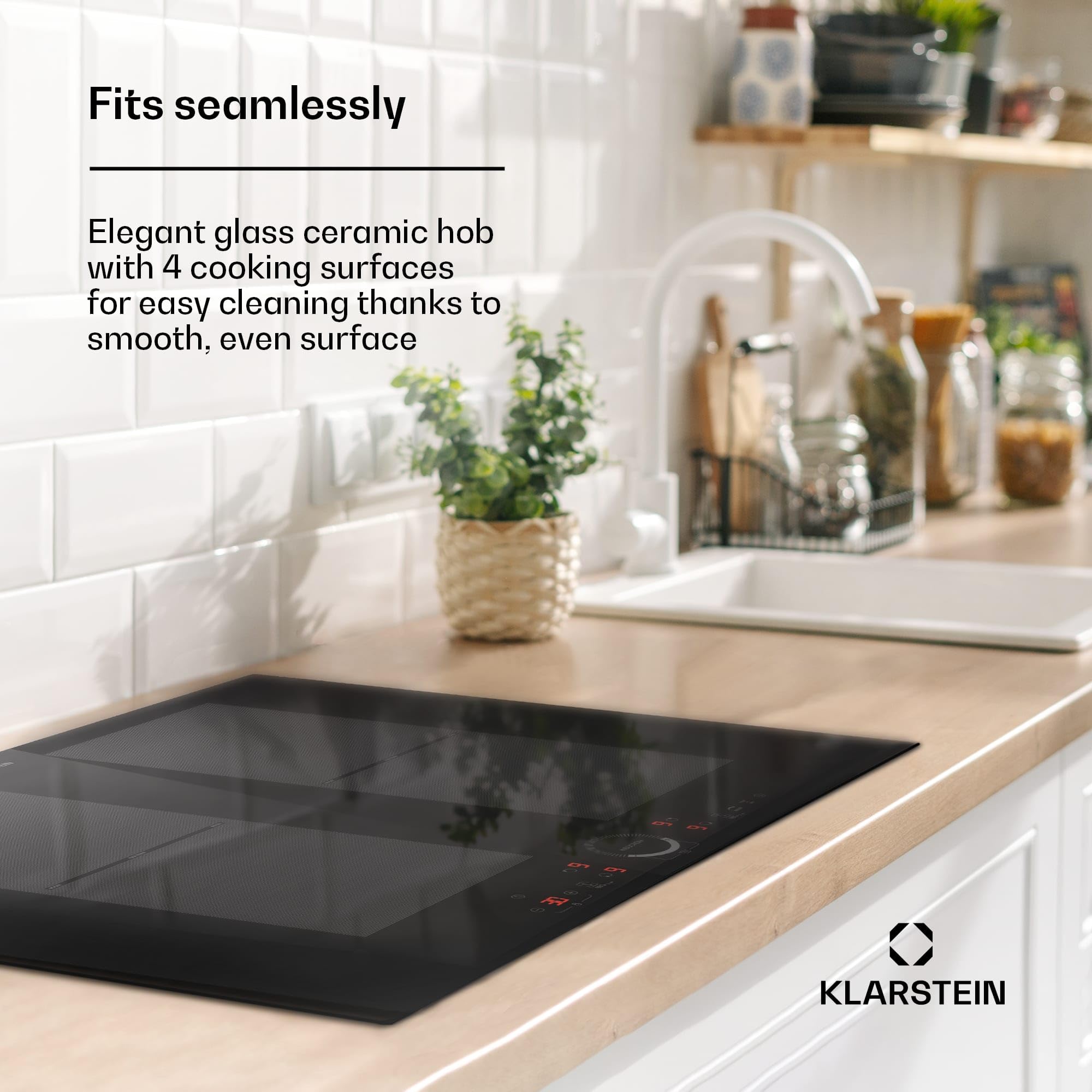 Klarstein Płyta indukcyjna, Płyta ze szkła ceramicznego, 7000W płyta indukcyjna z 4 polami, Płyta do zabudowy z wyświetlaczem dotykowym i timerem, Nowoczesne płyty z zabezpieczeniem przed przegrzaniem