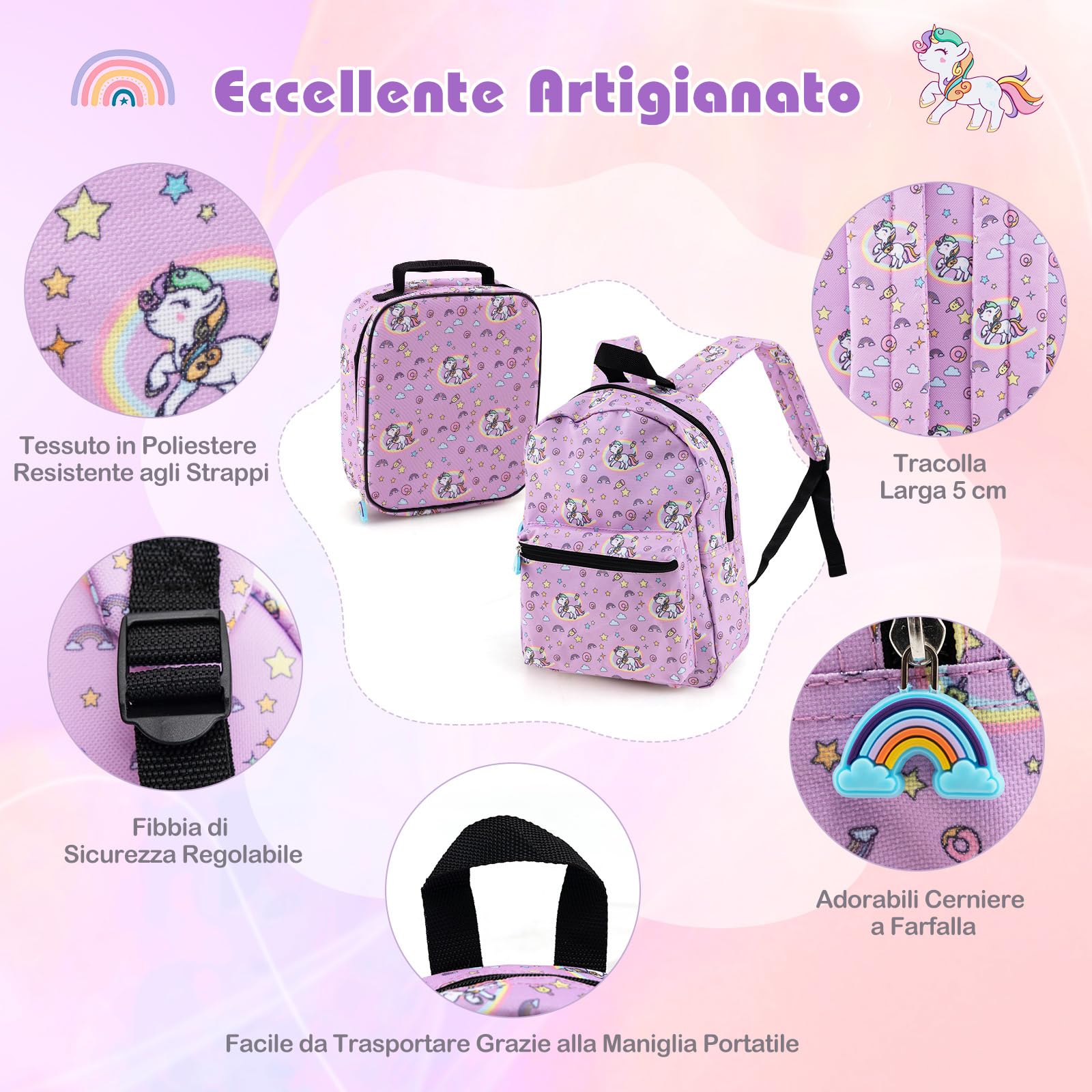 COSTWAY 5 Pezzi Valigia per Bambini, Valigia con ManicoTelescopico da 16" con 13" Zainetto, Cuscino per Il Collo, Etichetta per Bagaglio, Borsa per Il Pranzo, con Ruote Girevoli a 360 ° (Modello 1)