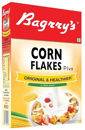Bagrry's Corn Flakes Plus 475g Box |Original and Healthier | Low Fat & Cholesterol | High Fibre |All Natural CornFlakes | Breakfast Cereal