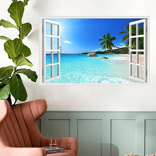 Adhesivos de pared de ventanas falsas de mar azul, vinilo 3D, autoadhesivo, para ventana, playa, paisaje marino, palmeras verdes, calcomanías de