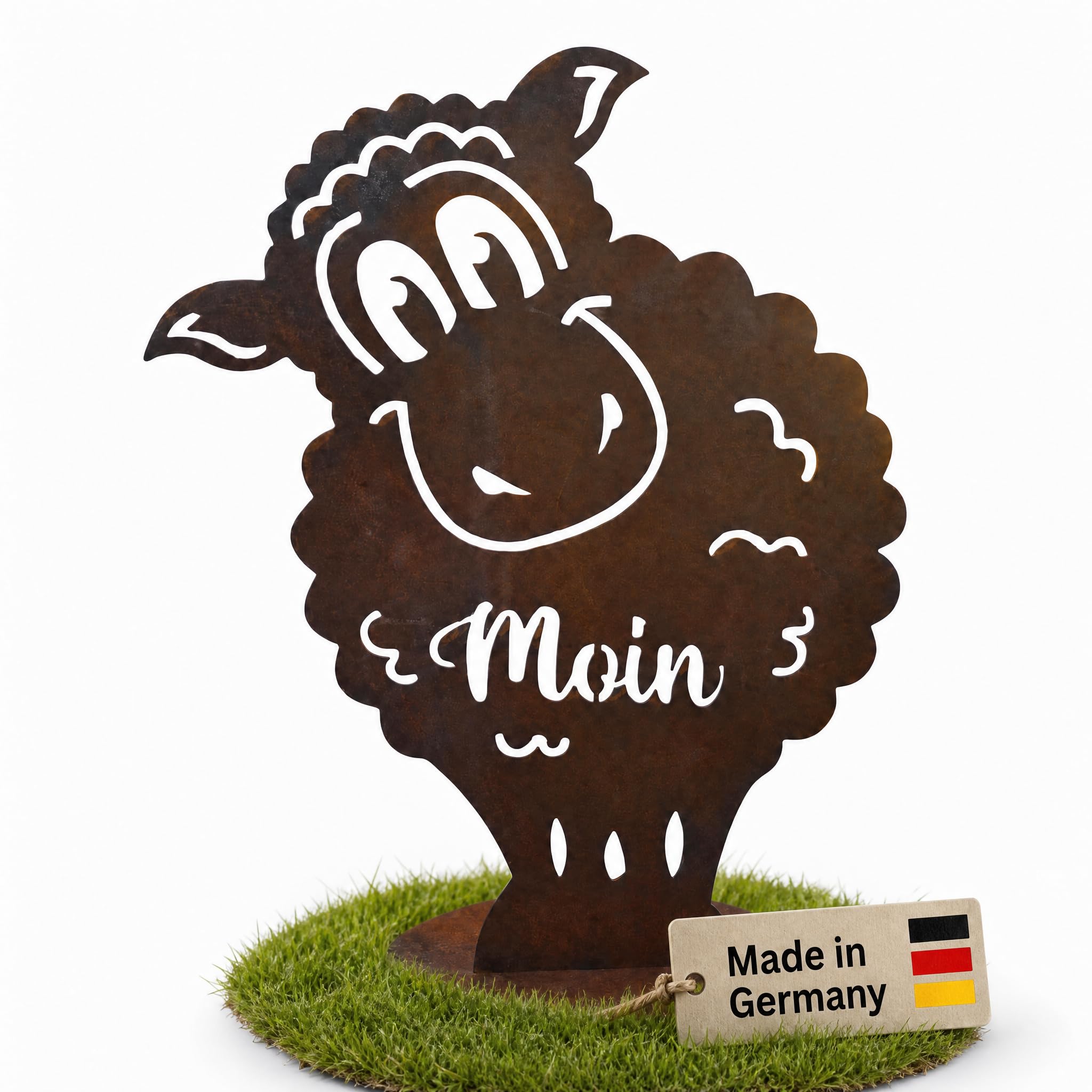 Rostdeko Schaf mit Moin-Schriftzug, Edelrost Gartendeko auf Standfuß