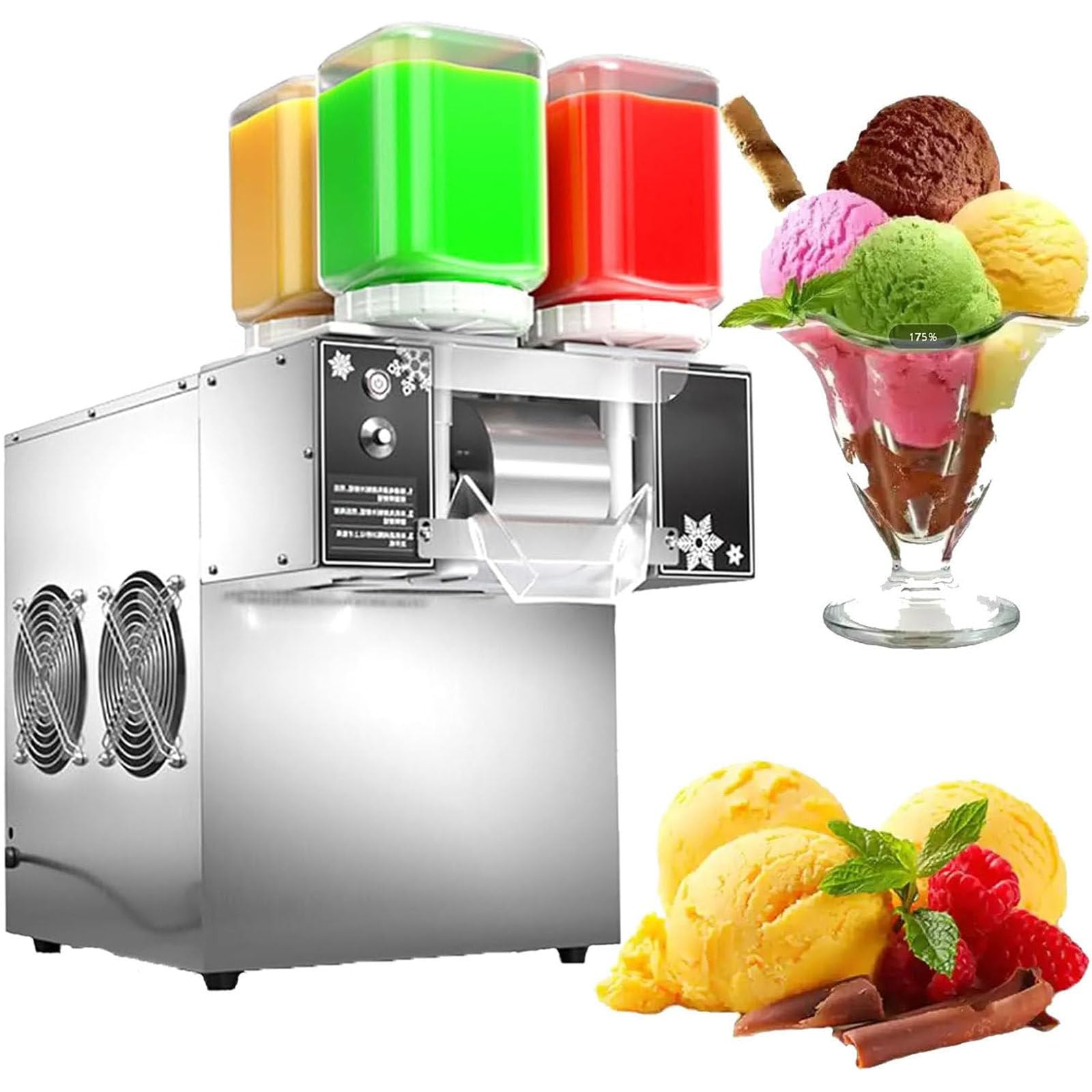 Machine à Glace Flocon Neige Automatique à 4 Bacs, 120-180 kg/Jour Acier Inoxydable, Tambour Réfrigération 90mm, Refroidissement par Air, pour Smoothie, Lait, Crème Glacée, Café,1200W