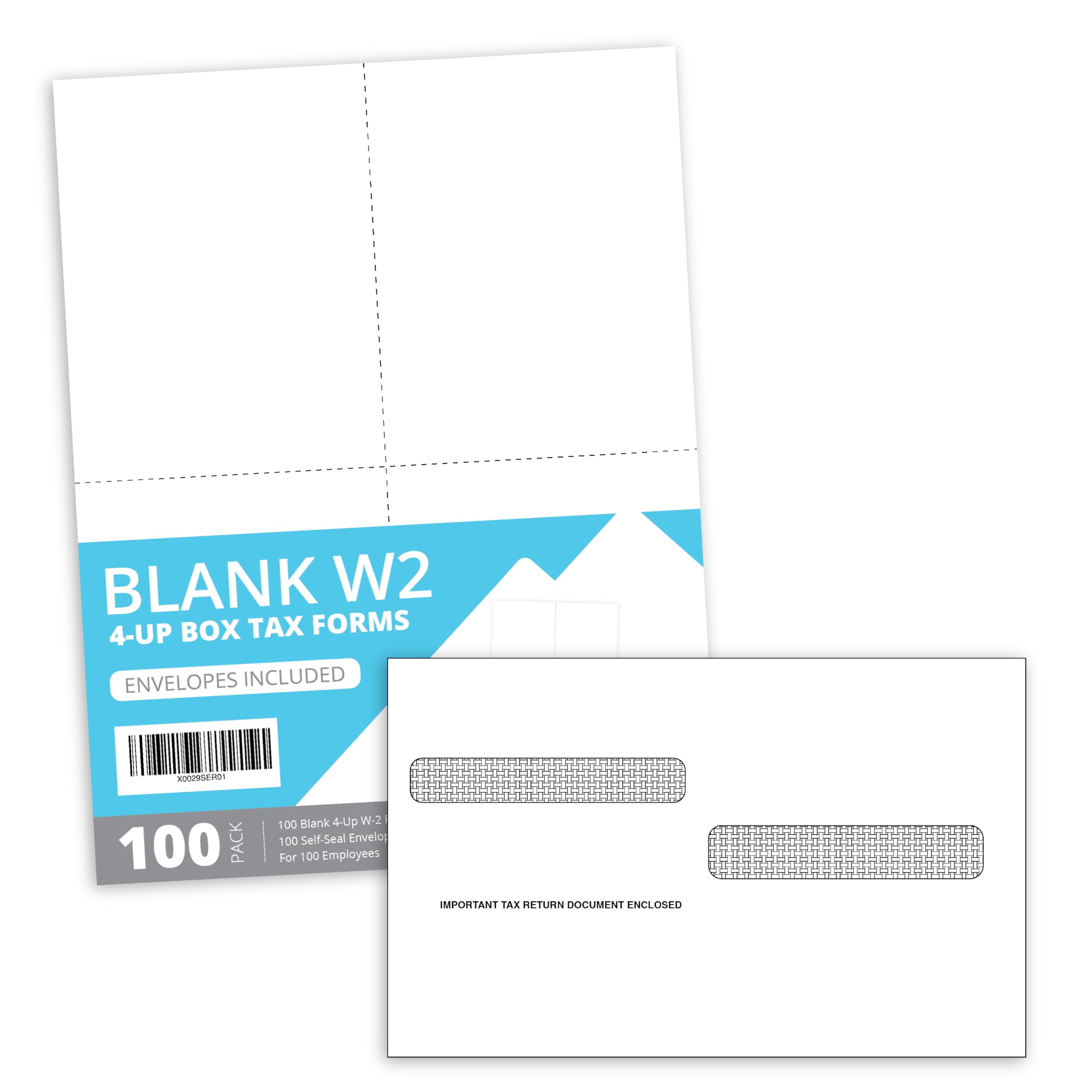 Blue Summit W2 Forms 2025 with Envelopes, Blank W2 4 UP Tax Forms 2025 4 Part, 100 Employee Perforated Paper, Compatible with QuickBooks Online, for E-Filing, Laser Inkjet, 100 Self Seal Envelopes