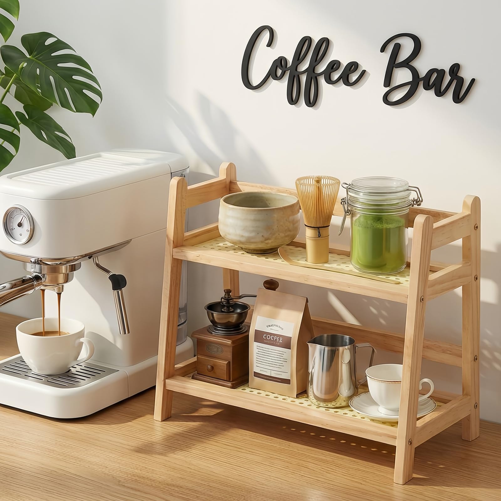 D-werack Coffee Station Organizer for Accessories, Wooden Kitchen Storage & Organisation Counter Shelf, 2 Tier Mug Holder Countertop, Matcha Stand Cup Display for Home Office โ image 1