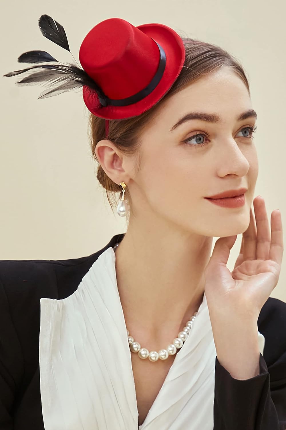 BABEYOND Mini Top Hat Fascinator Headband Feather Top Hat for Derby Tea Party - Image 4