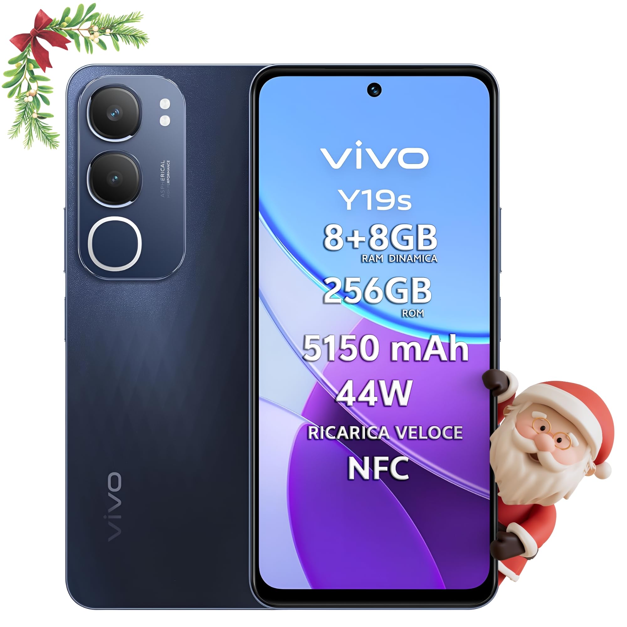 vivo Y19s Smartphone 4G, 8+8 GB RAM+256 GB, Fotocamera AI 50MP, Batteria 5150 mAh, Ricarica Veloce 44W, Display 6.68” 90Hz 1000 Nits, Audio 300% Stereo, UltraSottile 8.1mm, Idea Regalo Natale