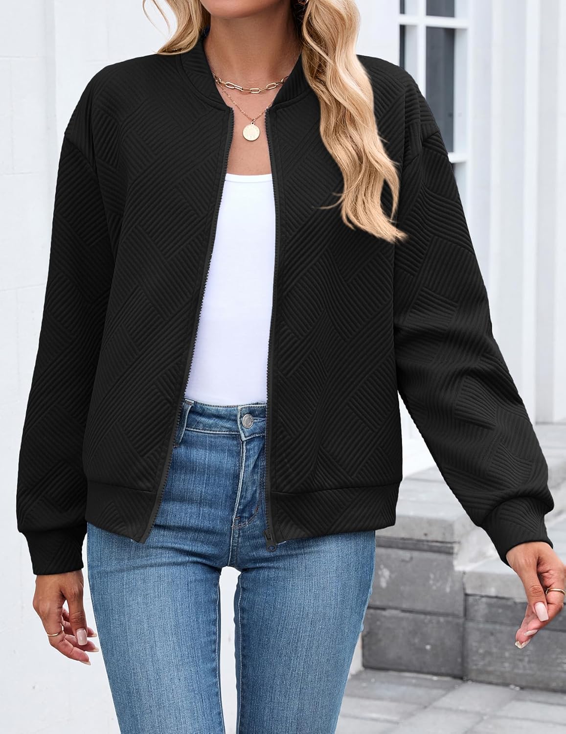 WROLEM Womens Casual Zip up Jackets Comfy Long Sleeve Textured Bomber Jacket Coat Loose Fit Fashion Outfits - Image 2
