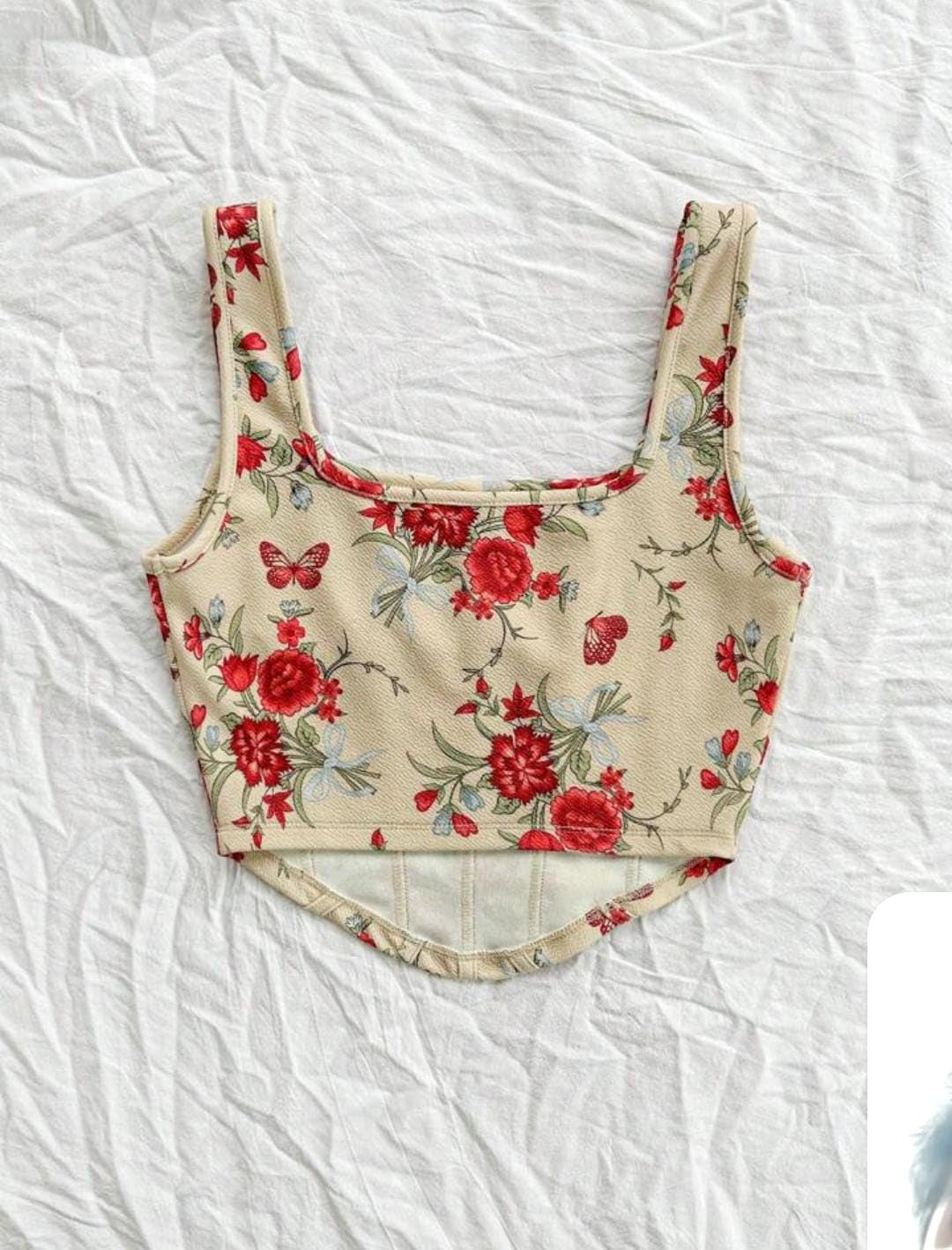 Floral Print Corset Crop Top, Blue Rose Pattern, Sleeveless Tank Top with Wide Straps