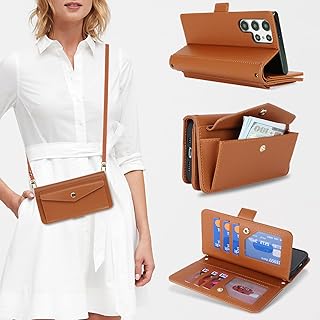 【Hamany】 galaxy s22 ultra ケース ショルダータイプ ギャラクシーs22 ultra ケース 手帳型 カード収納 大容量 galaxy s22 ultra スタンド機能 財布型 耐衝撃 全面保護 SC-52C / SCG14ケース 肩掛け 斜めかけ カバー -ライトブラウン