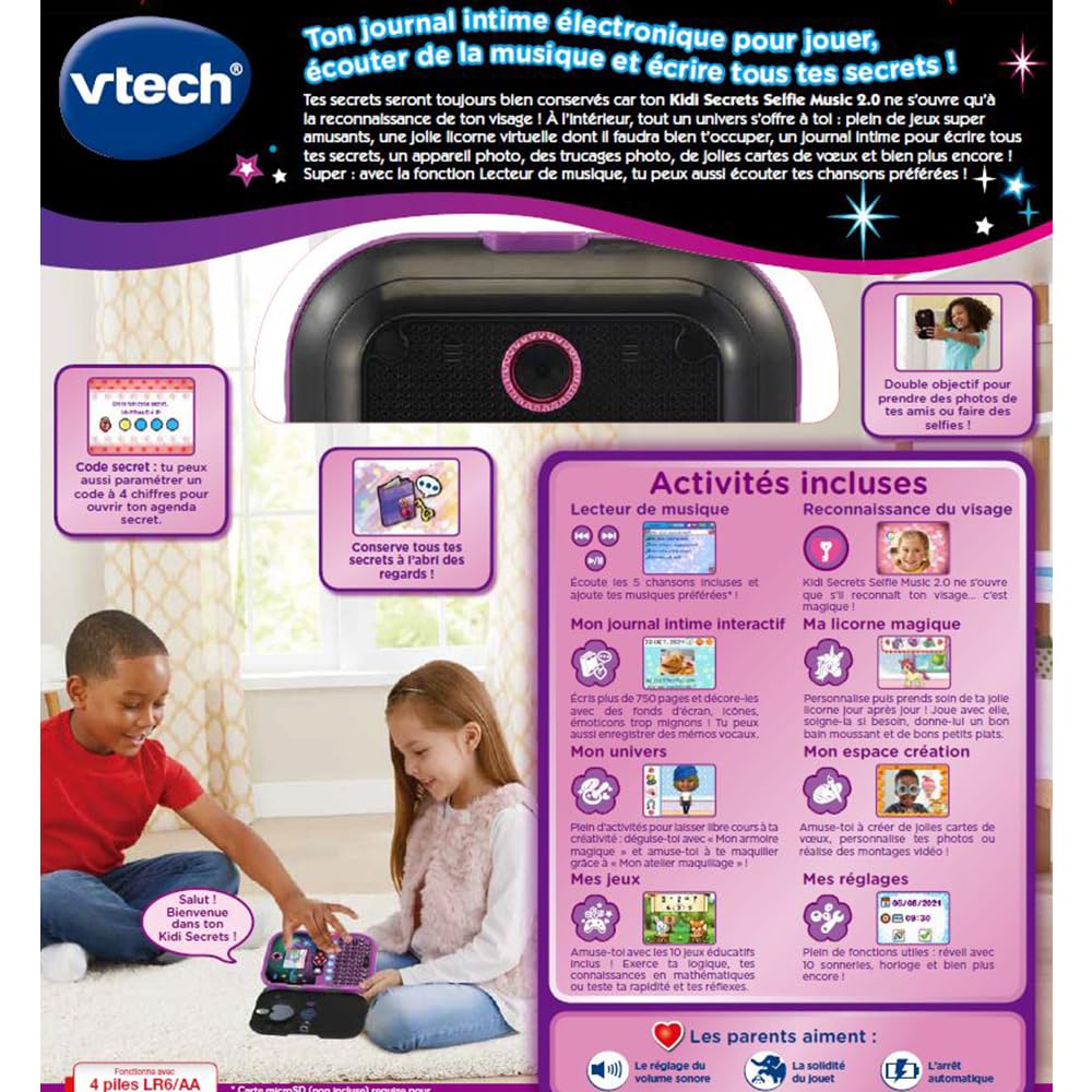 VTech KidiSecrets Selfie Music 2.0 Noir Journal Intime Électronique Enfant | Journal Secret Vidéo, Photo et Selfie pour Enfant Dès 6 Ans avec Clavier AZERTY, Effets Lumineux et Reconnaissance Faciale