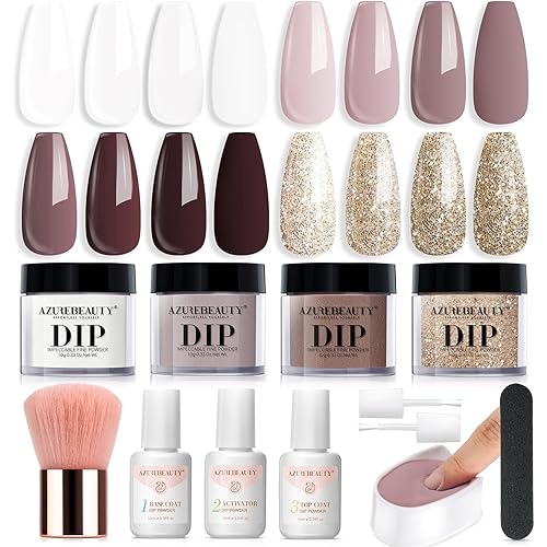 AZUREBEAUTY Dip Powder Nail Starter Kit White Mauve Glitter Champagne, Dipping Powder 4 Colors Set, French Nail Art Base Top Coat Activator Liquid Manicure DIY Salon 12 PCS