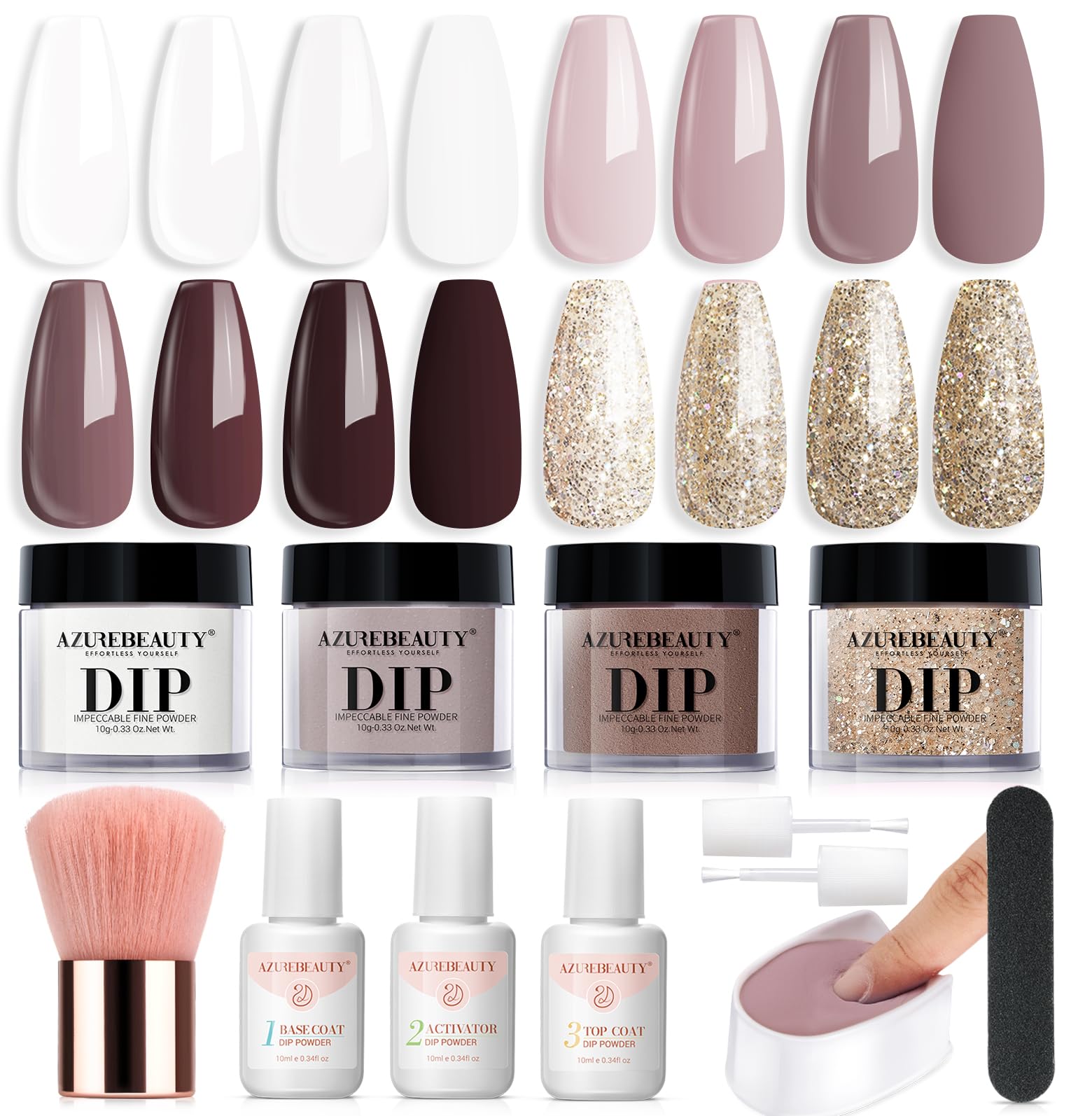AZUREBEAUTY Dip Powder Nail Starter Kit White Mauve Glitter Champagne, Dipping Powder 4 Colors Set, French Nail Art Base Top Coat Activator Liquid Manicure DIY Salon 12 PCS