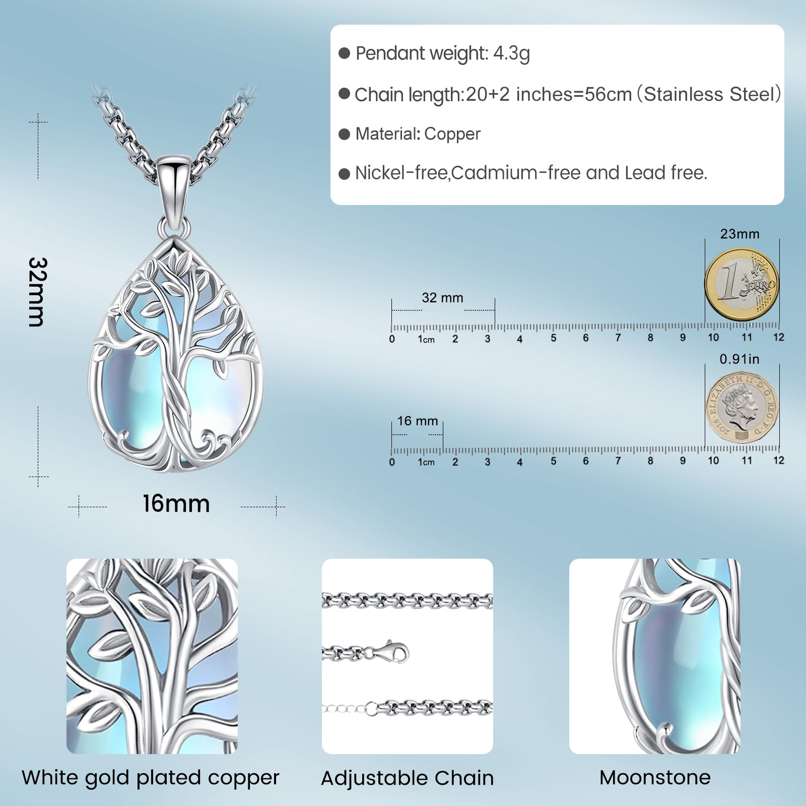 Eusense Lebens Baum Halskette für Frauen Stammbaum Kette Mondstein Anhänger Kristallherz Halskette Schmuck Geschenk für Mama Lebensbaum Schmuck