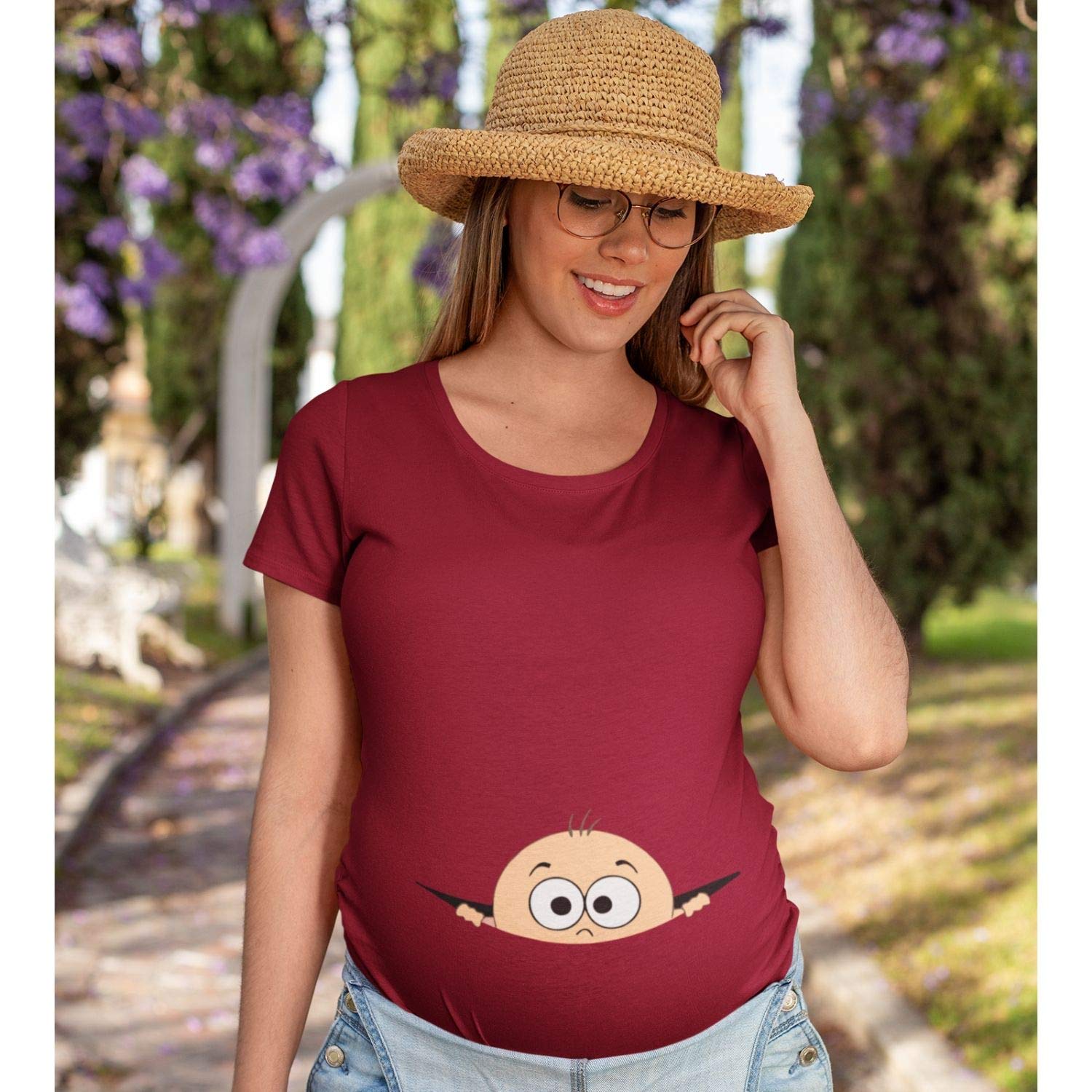 TheYaYaCafe Mothers Day Peek a Boo Women's Pregnancy Maternity T-Shirt Top Tee Round Neck Half Sleeves Maroon 2XL 1