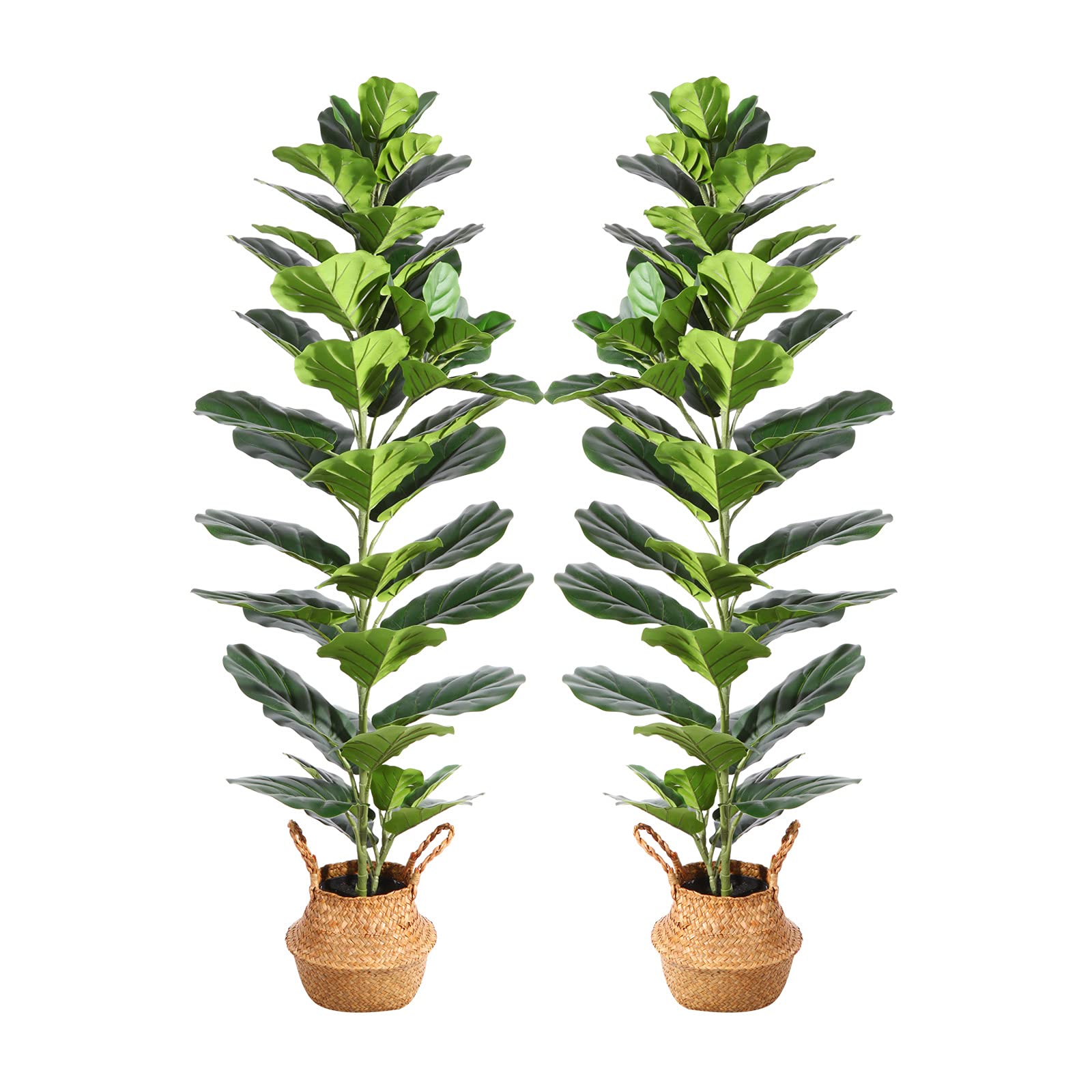 Artificial Fiddle Leaf Fig 57 Inch Fake Ficus Lyrata Tree with 49 Leaves in Pot and Woven Seagrass Belly Basket Perfect Faux Plant for Home Indoor Outdoor Office Modern Decor Green 2Pc
