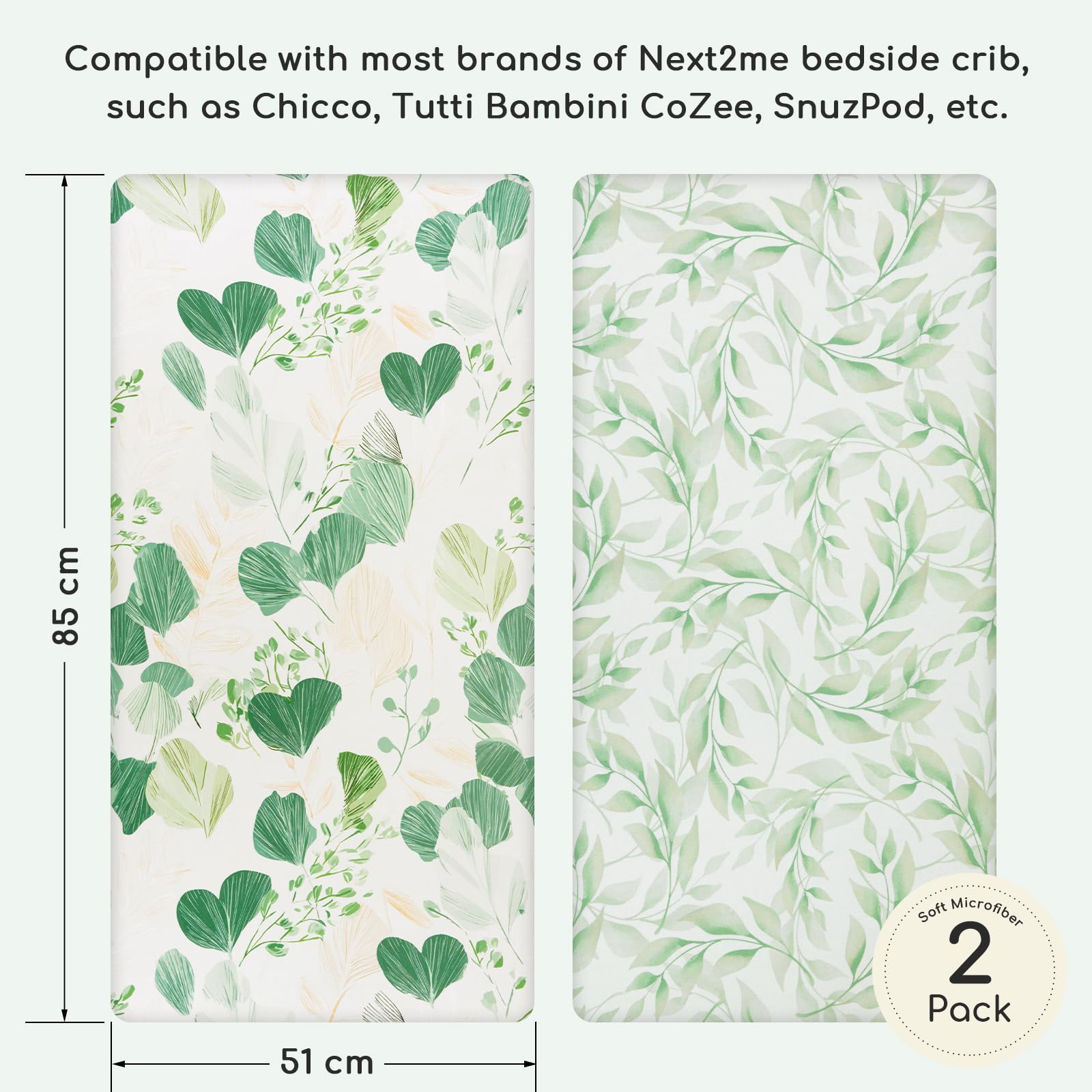 Yukkidds Next to Me Crib Sheets Fitted 83x50cm Baby Bedside Crib Sheets 2 Pack Super Soft & Breathable Microfiber Compatible with Chicco Next2Me Green Leaf - Image 2