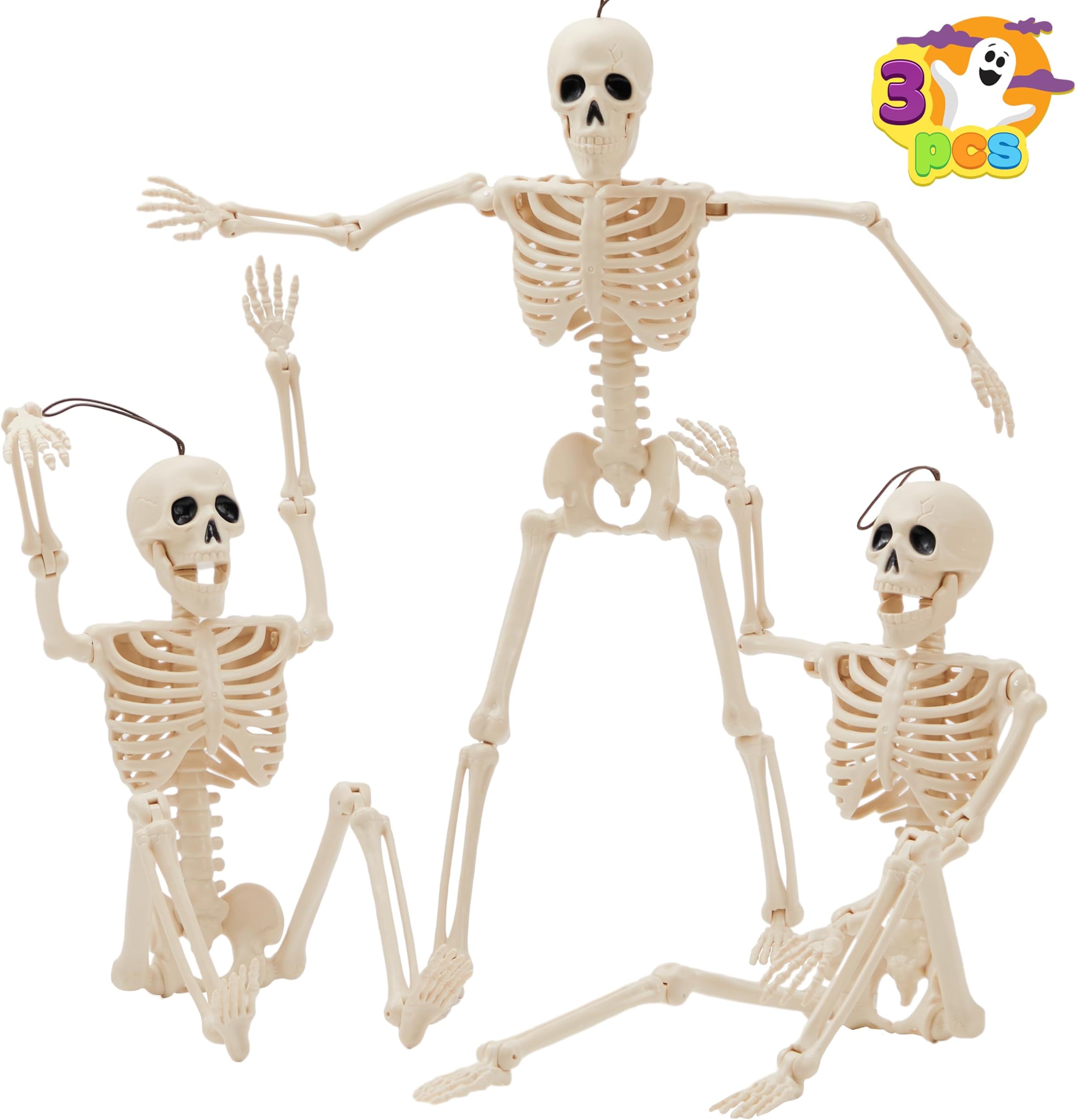 JOYIN 3 PCS 16 Inches Halloween Hanging Skeletons Full Body Posable Joints Movable Plastic Bones for Halloween Party Outdoor Indoor Decor, Yard Patio Lawn Garden Props Decorations