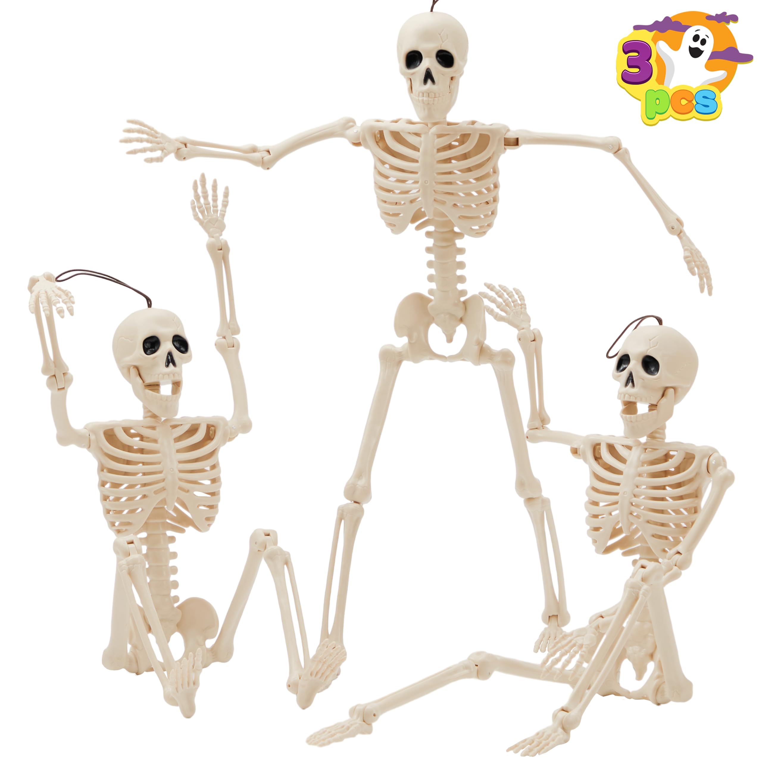 JOYIN 3 PCS 16 Inches Halloween Hanging Skeletons Full Body Posable Joints Movable Plastic Bones for Halloween Party Outdoor Indoor Decor, Yard Patio Lawn Garden Props Decorations