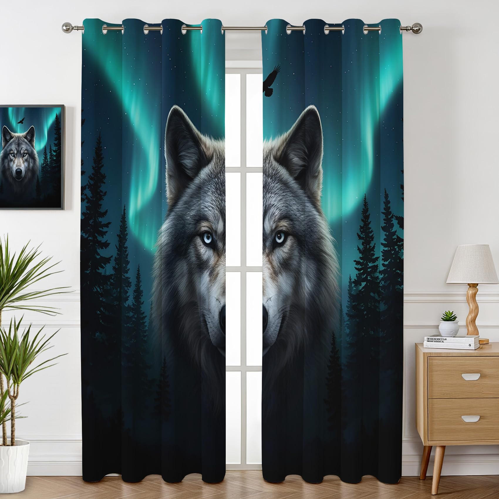 Havenix Northern Lights Wolf Blackout Curtains for Bedroom Living Room, Eyelet Curtains 46x54, Thermal Insulated Drapes for Windows, Aurora Forest Patterned Window Treatments, 2 Panels