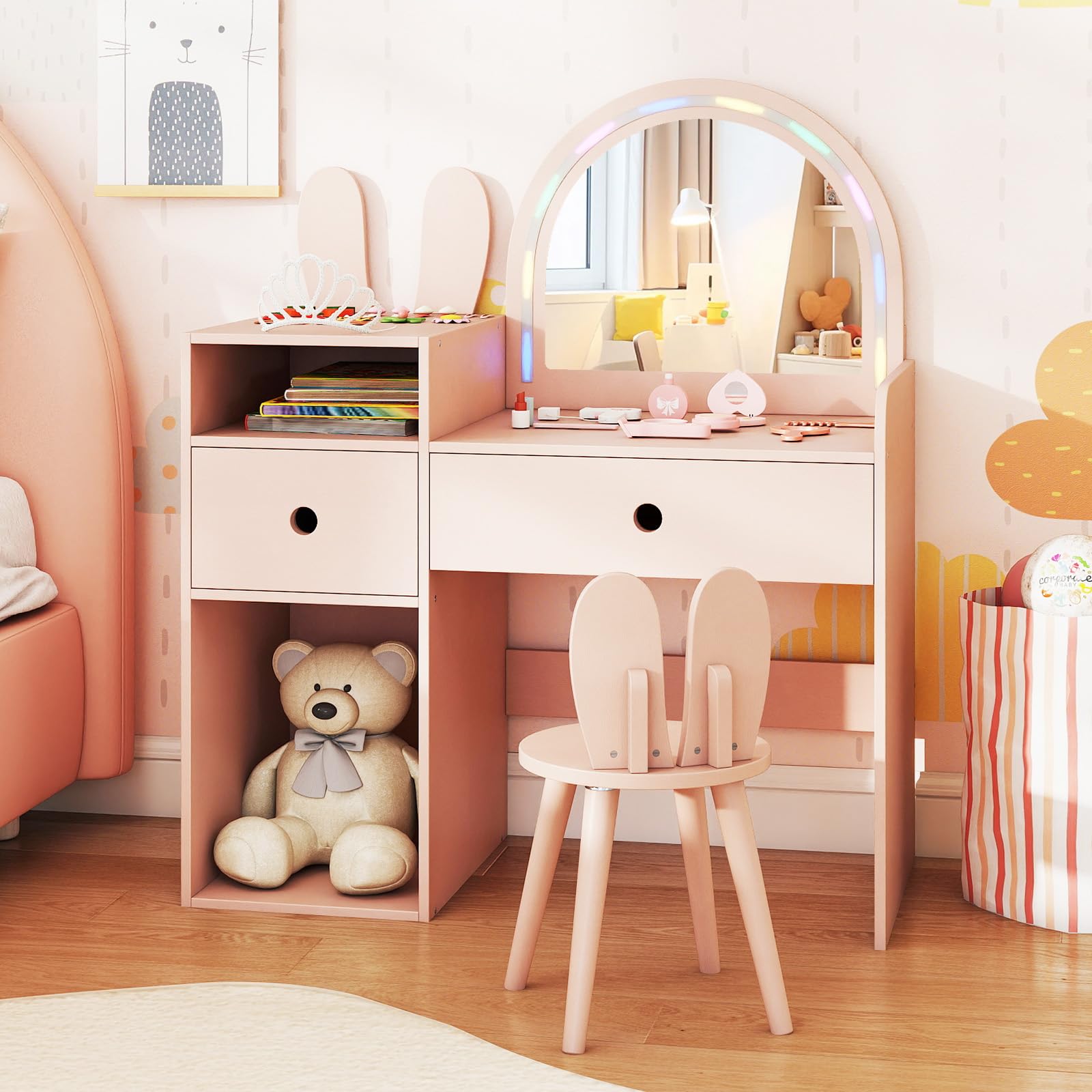 COSTWAY Coiffeuse Enfant Fille avec Chaise et Miroir Lumineux, Bureau Enfant en Forme de Lapin avec Étagères Ouvertes et Tiroirs de Rangement, pour Chambre d'enfant, Salle de Jeux, 3+ Ans (Rose)