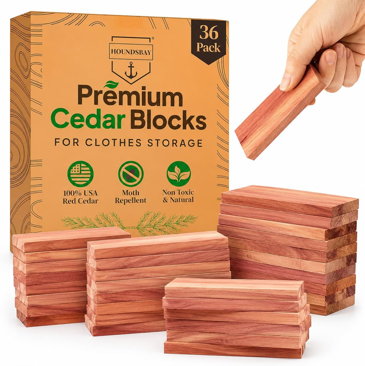 HOUNDSBAY Cedar Blocks for Clothes Storage 36Pcs, Cedar Planks for Closets