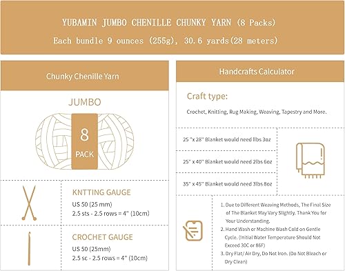Miniatura 6 de YUBAMIN Paquete de 8 hilos gruesos de felpilla jumbo, 72 onzas, 245 yardas, color caqui claro para tejer a ganchillo, manualidades y mantas, hilo