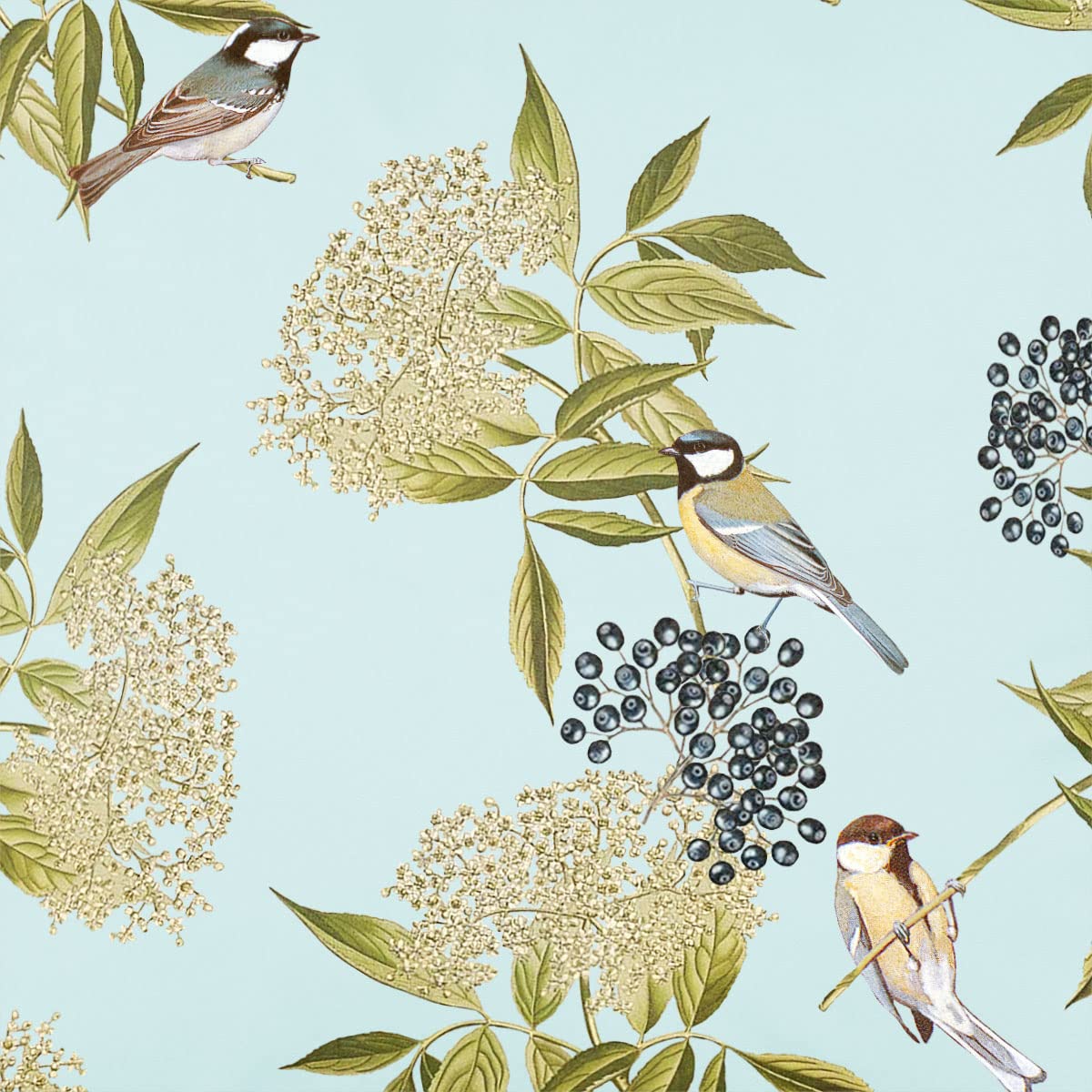 Izabela Peters Duck Egg Luxury Upholstery Curtain Fabric - Eco-Friendly Velvet - Designer Blind, Craft, Sewing Fabric By The Metre - Bird On Elderflower - Blue - 1 Metre